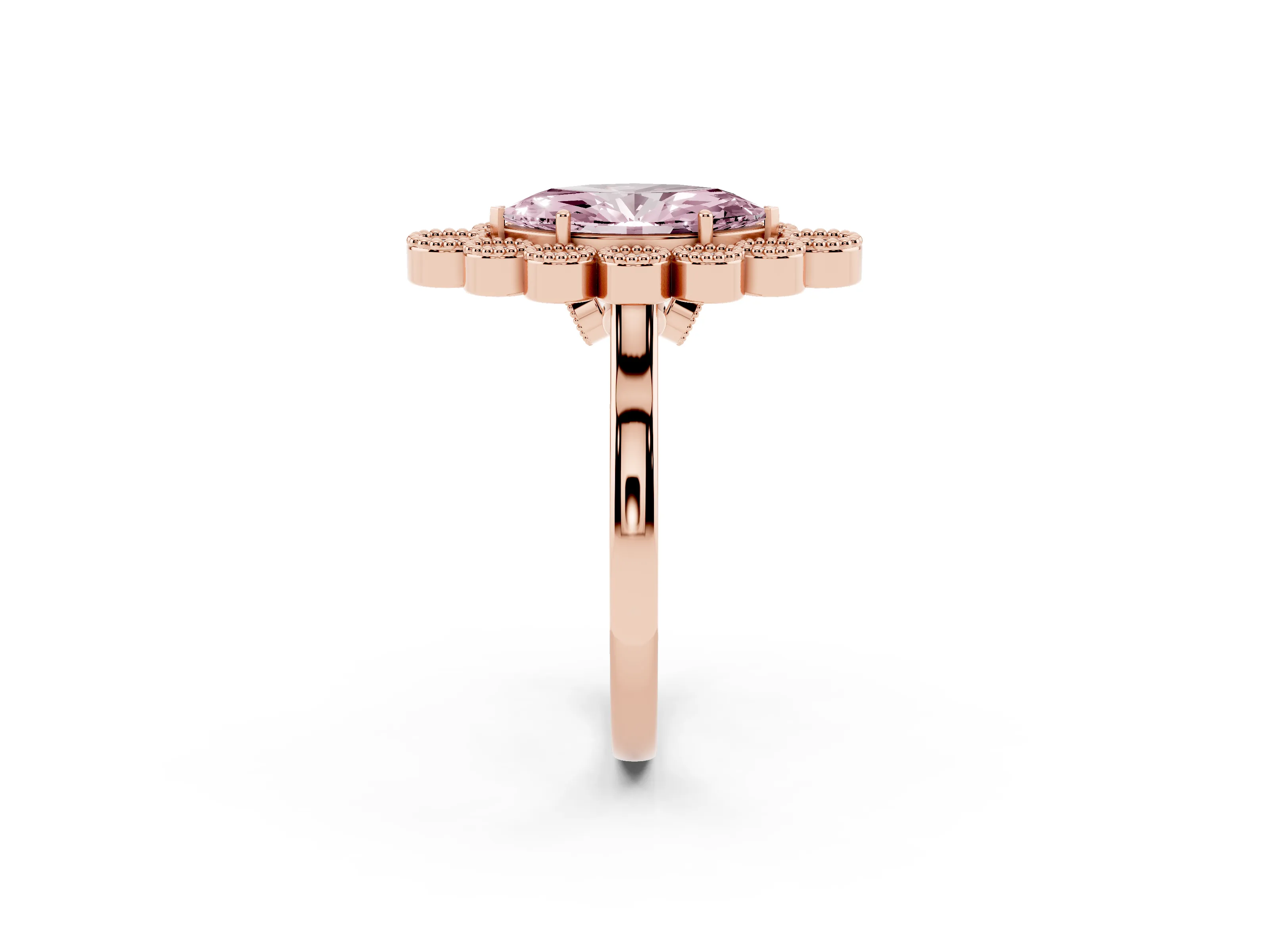 Fancy Pink Marquise Cut Diamond Cluster Halo Ring Set in Rose gold with Milgrain Bezel Accents and Plain Band