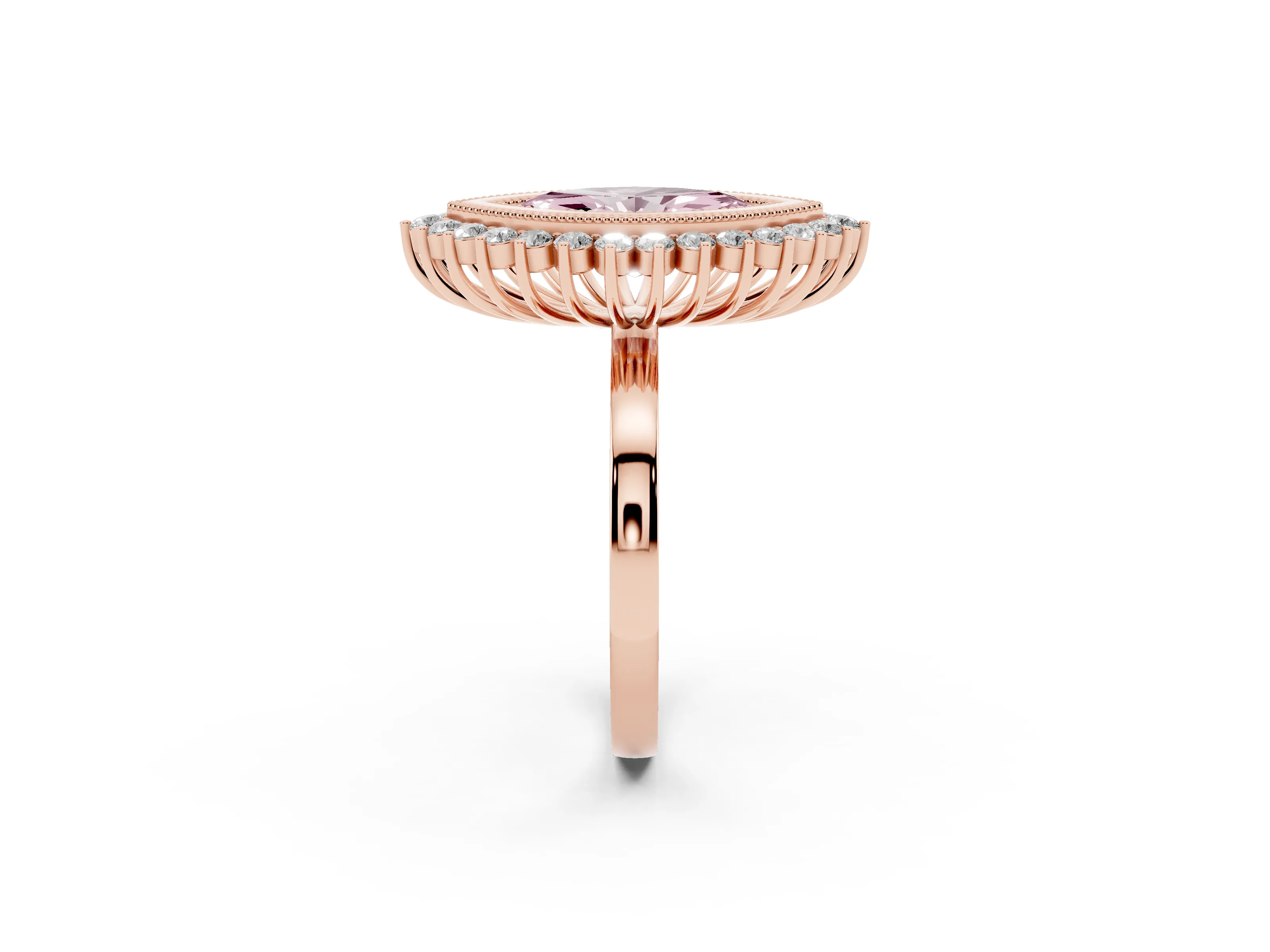 Fancy Pink Marquise Cut Diamond Halo Ring Set in Rose gold with Milgrain Edge and Round Prong Setting