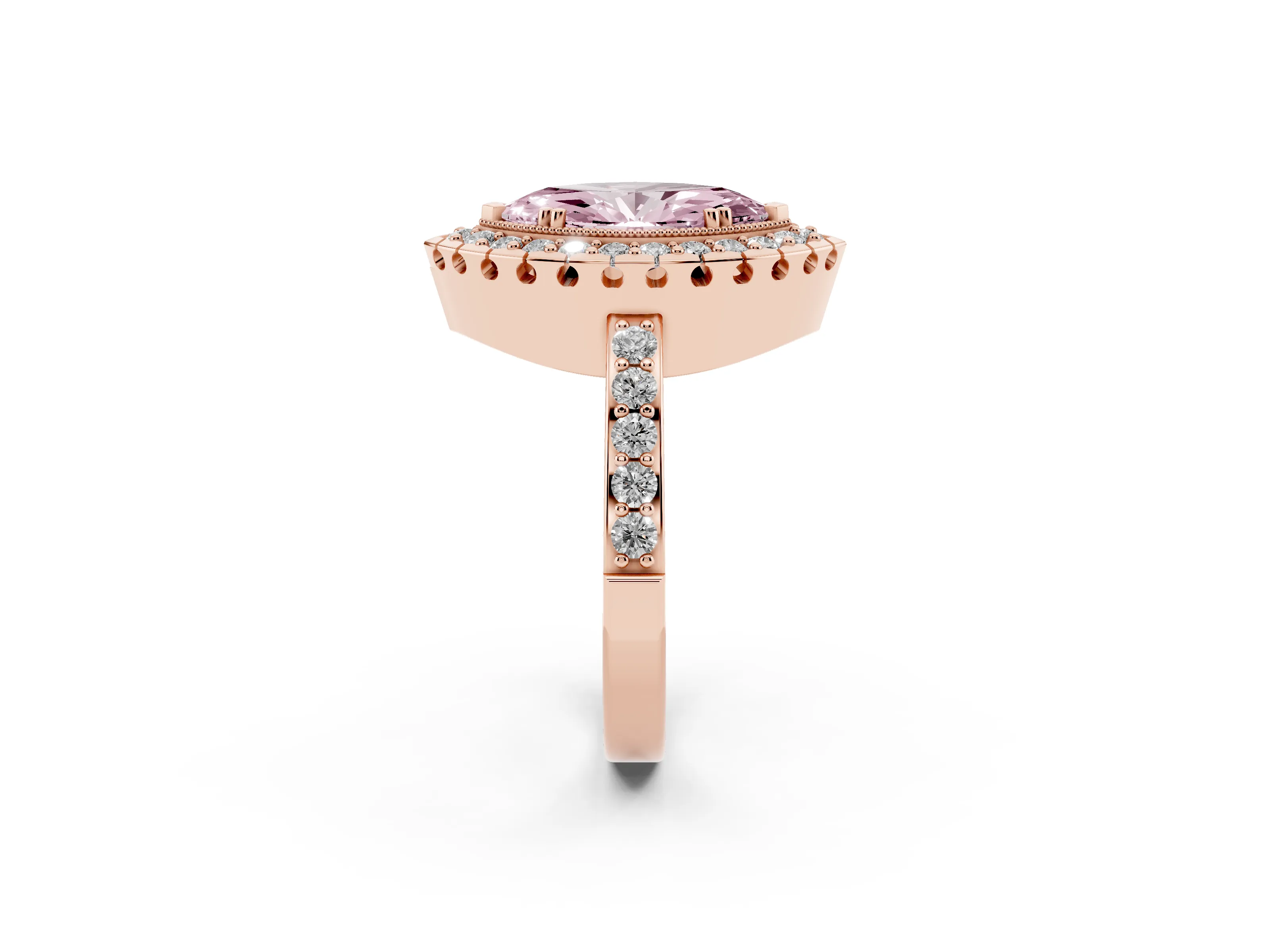 Fancy Pink Marquise Cut Diamond Halo Ring Set in Rose gold with Pavé Shank and Prong Setting
