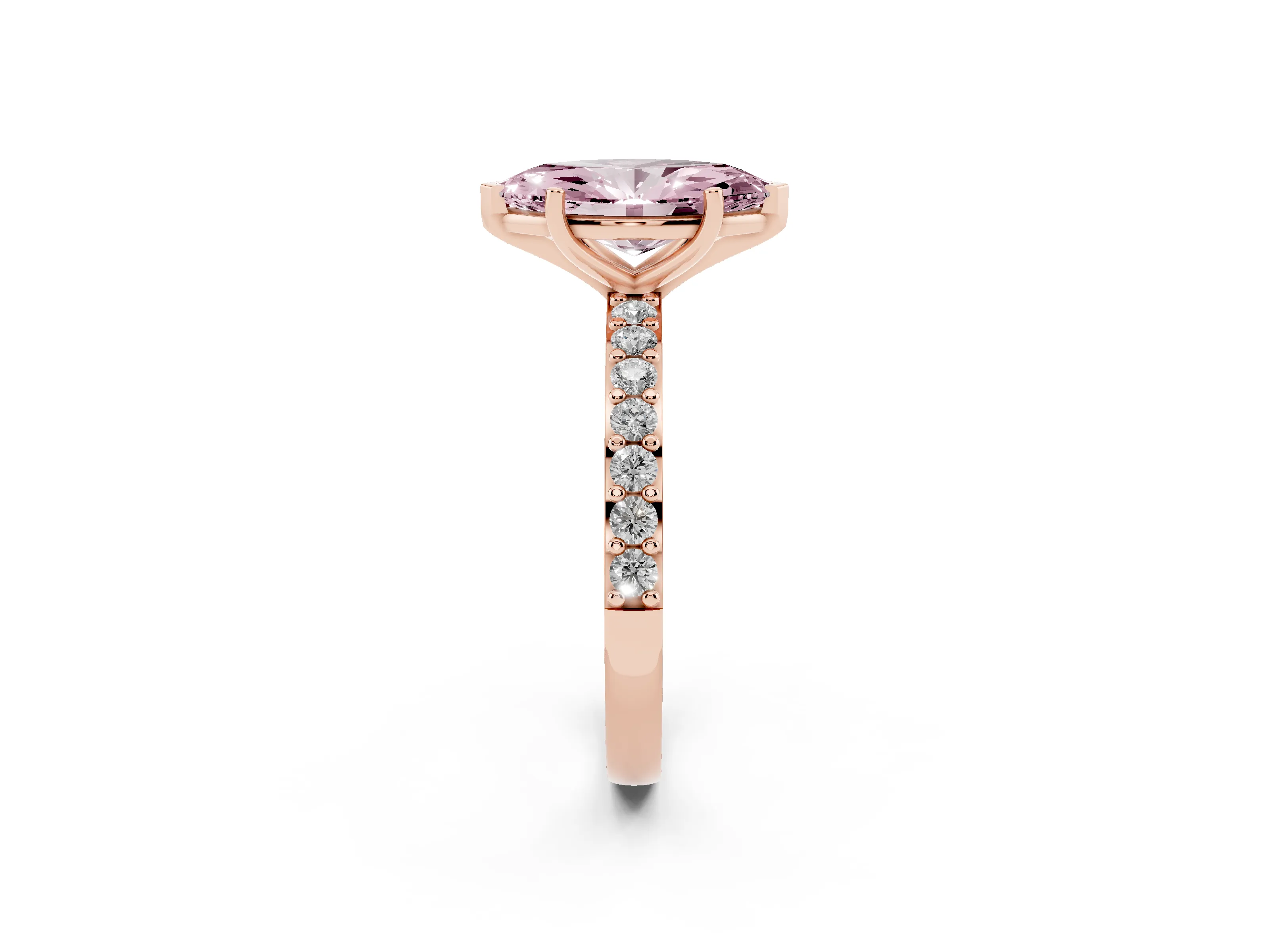 Fancy Pink Marquise Cut Diamond Solitaire Set in Rose gold with Round Pavé Band and Prong Setting