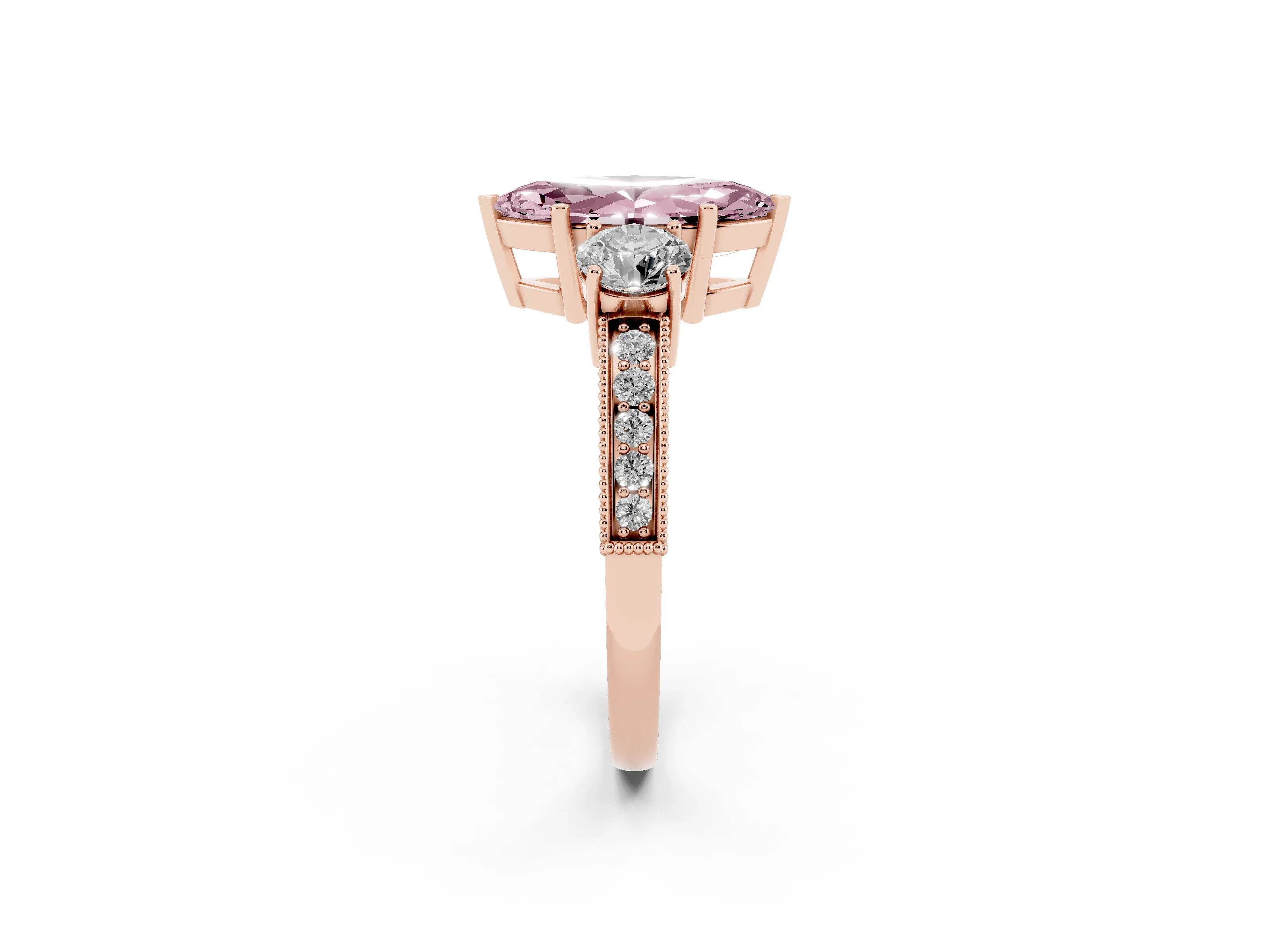 Fancy Pink Marquise Cut Diamond Three-Stone Ring Set in Rose gold with Round Side Stones and Pavé Band