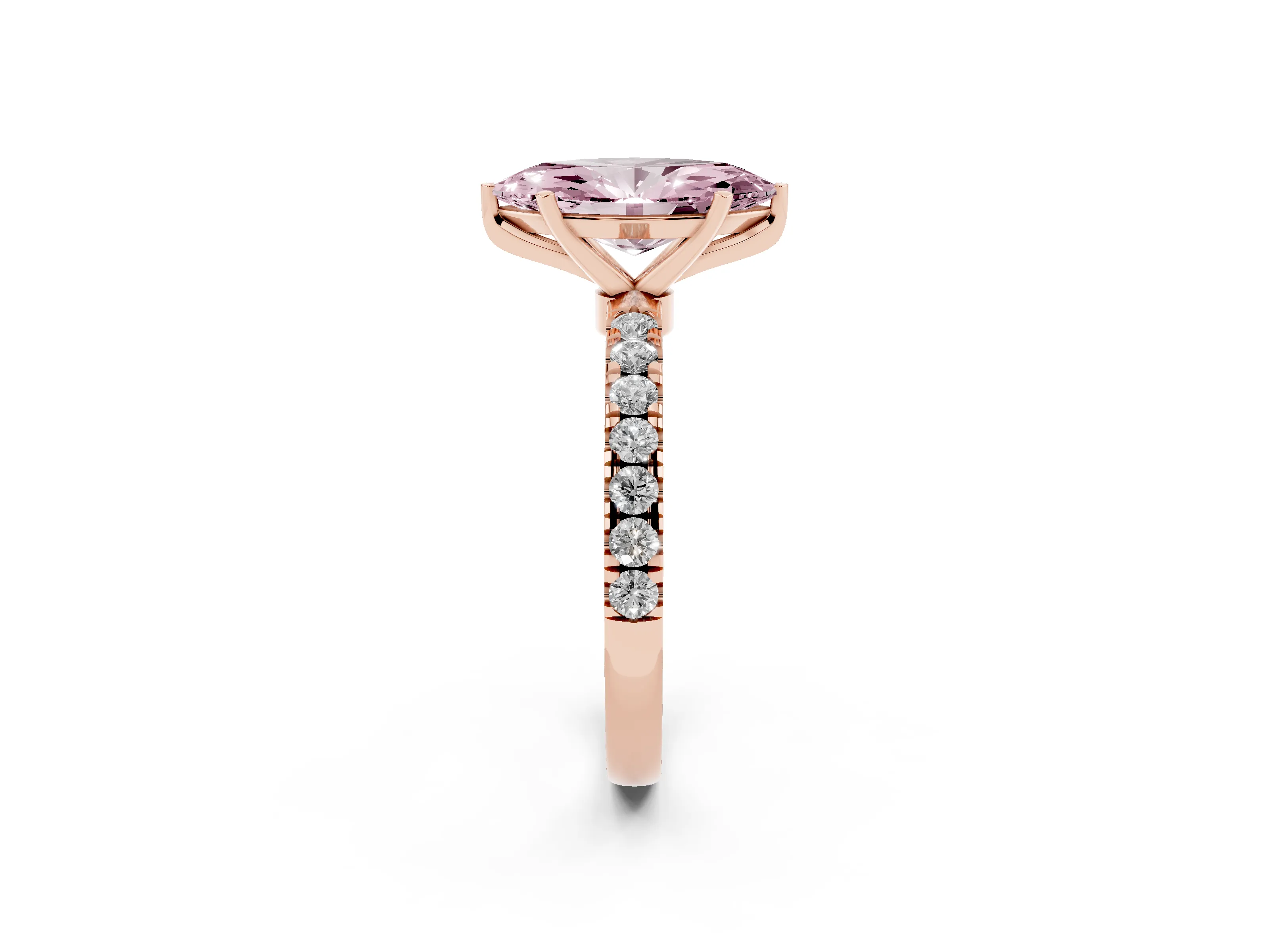 Fancy Pink Marquise Cut Diamond Solitaire Ring Set in Rose gold with Pavé Accents and Prong Setting