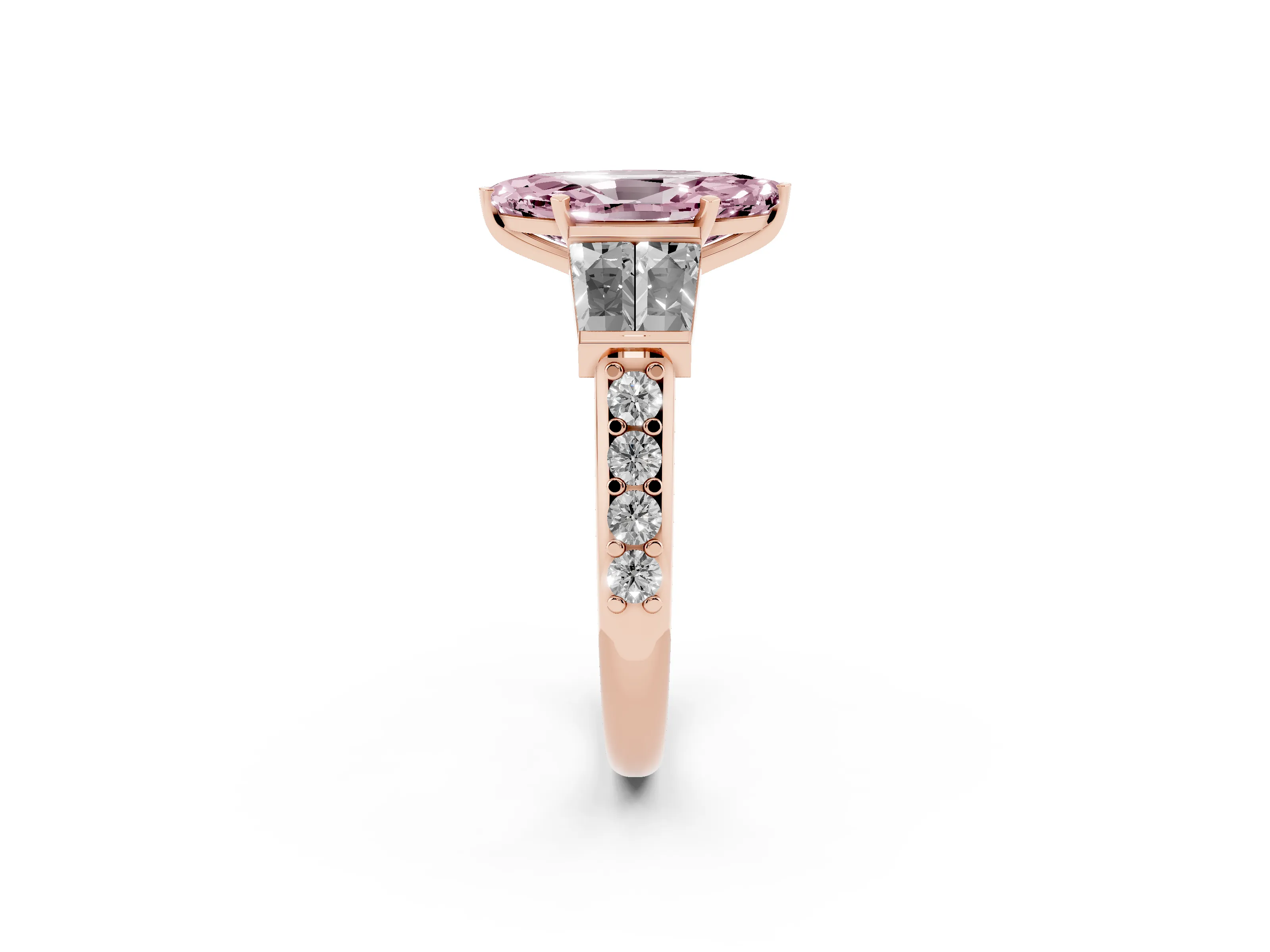 Fancy Pink Marquise Cut Diamond Engagement Ring Set in Rose gold with Baguette Side Stones and Channel Set Band