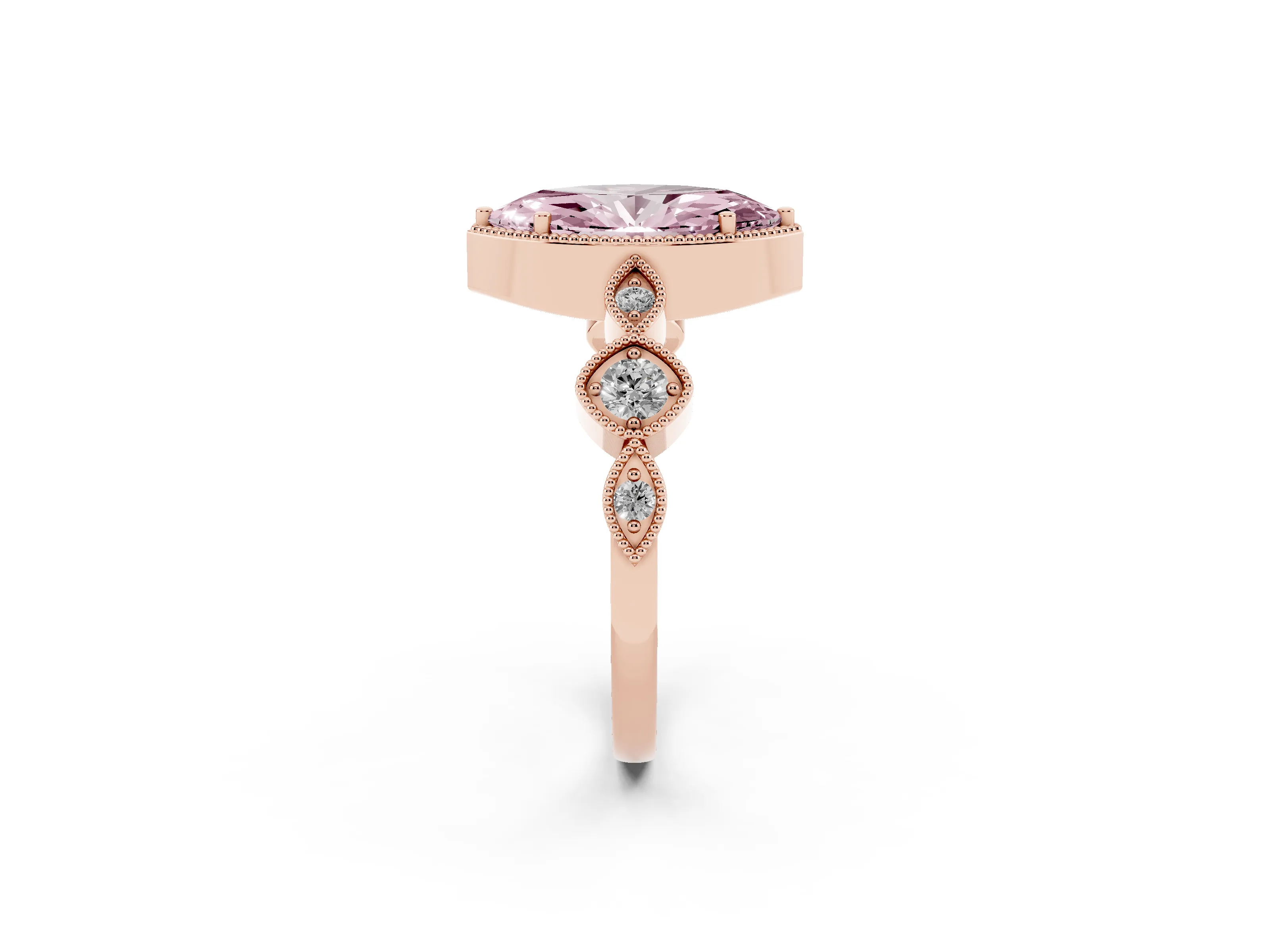 Fancy Pink Marquise Cut Diamond Vintage-Inspired Milgrain Ring Set in Rose gold with Marquise Stations of Round Accents