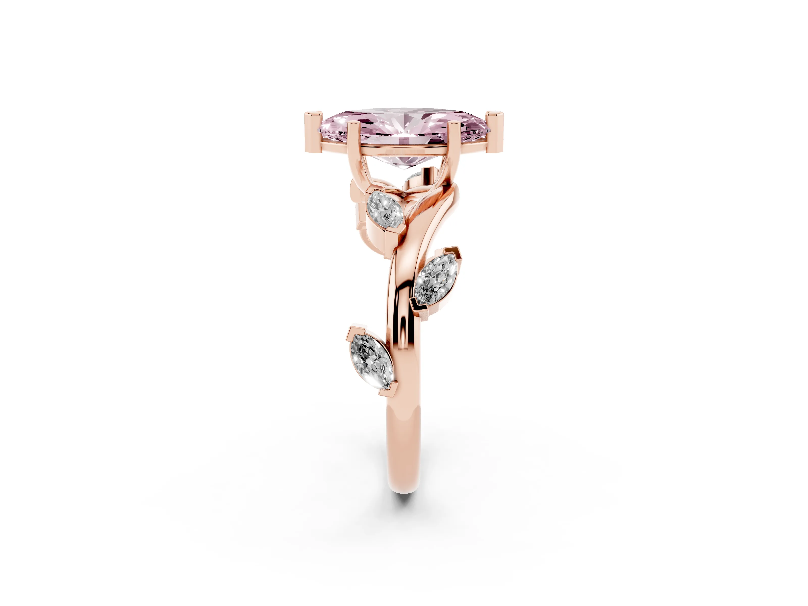 Fancy Pink Marquise Cut Diamond Solitaire Ring Set in Rose gold with Twisted Marquise Accent Band