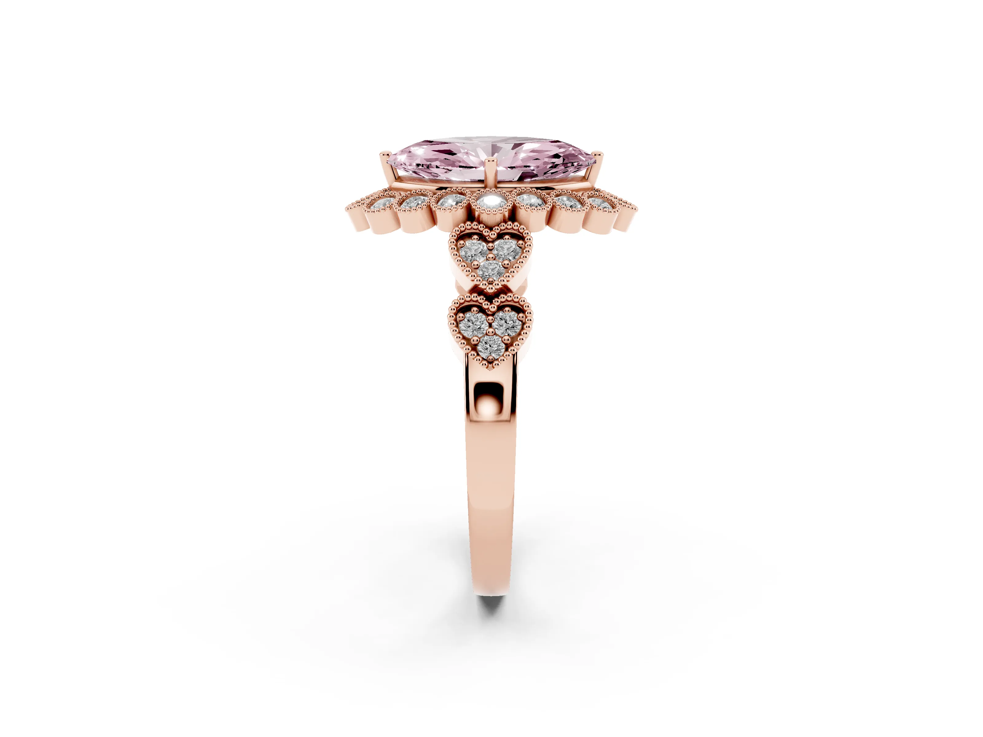 Fancy Pink Marquise Cut Diamond Solitaire Ring Set in Rose gold with Milgrain Pavé Heart Band