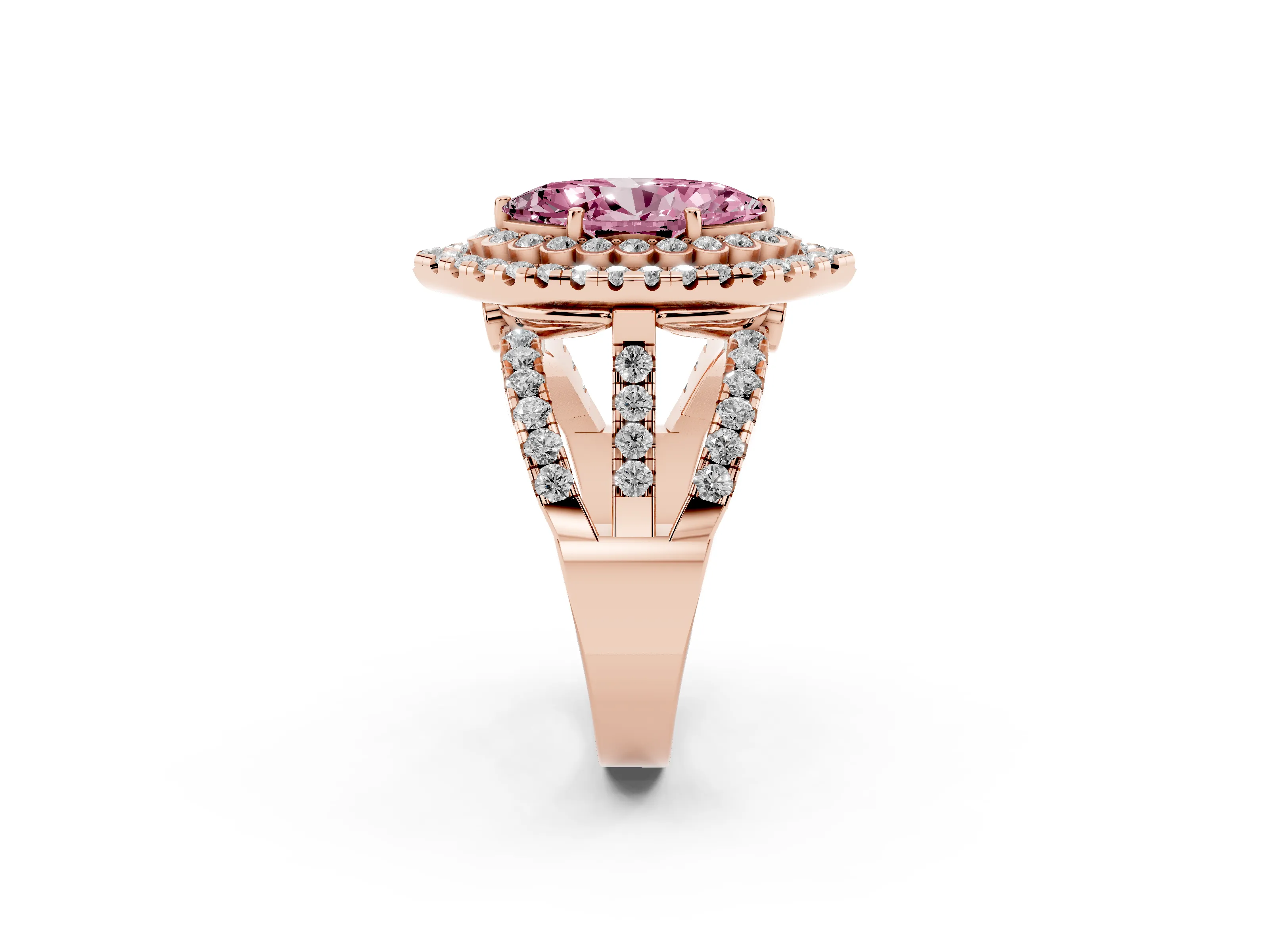 Fancy Pink Marquise Cut Diamond Double Halo Ring Set in Rose gold with Round Pavé Split Shank