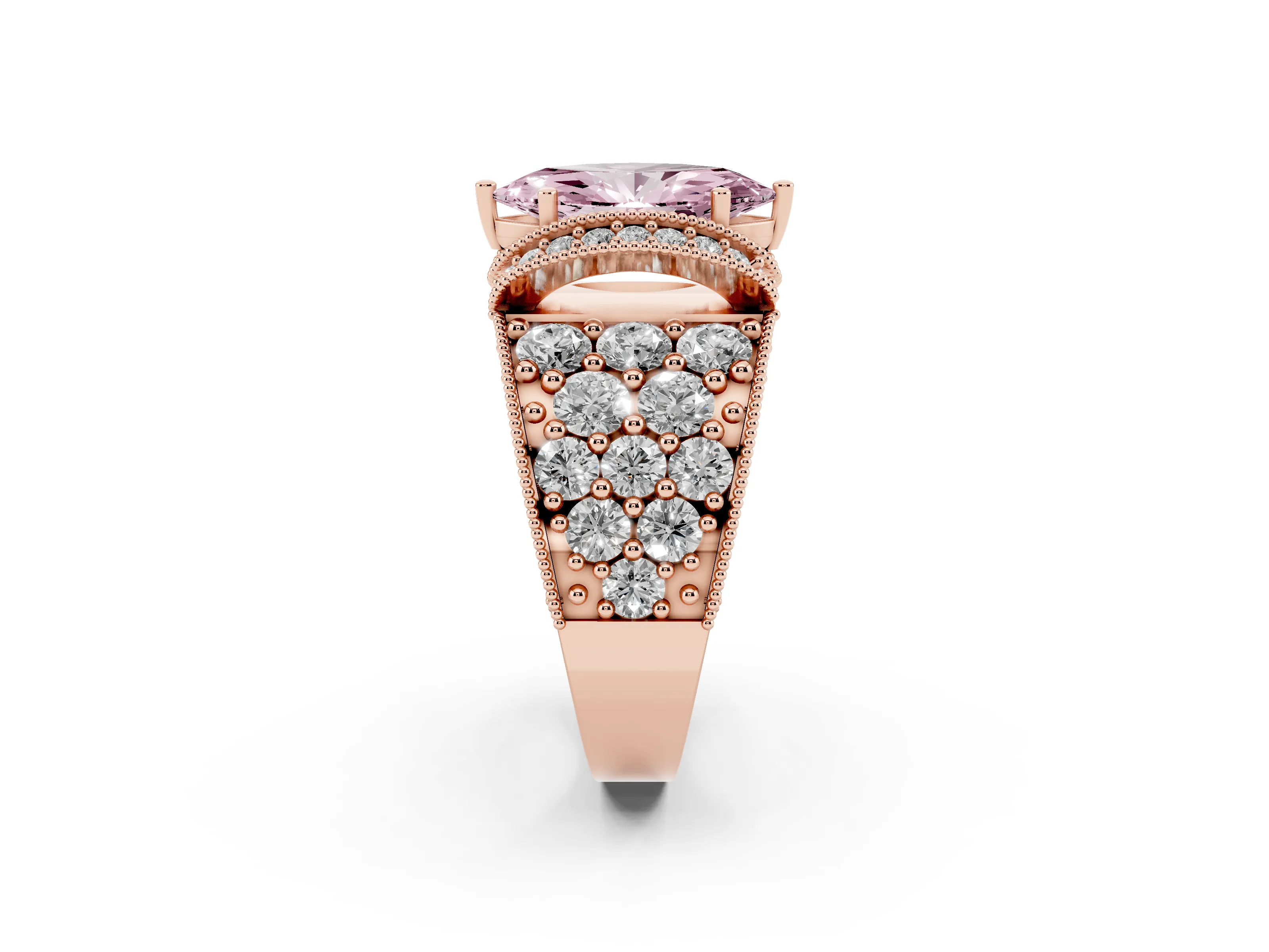 Fancy Pink Marquise Cut Diamond Milgrain Halo Pavé Engagement Ring Set in Rose gold with Prong Setting