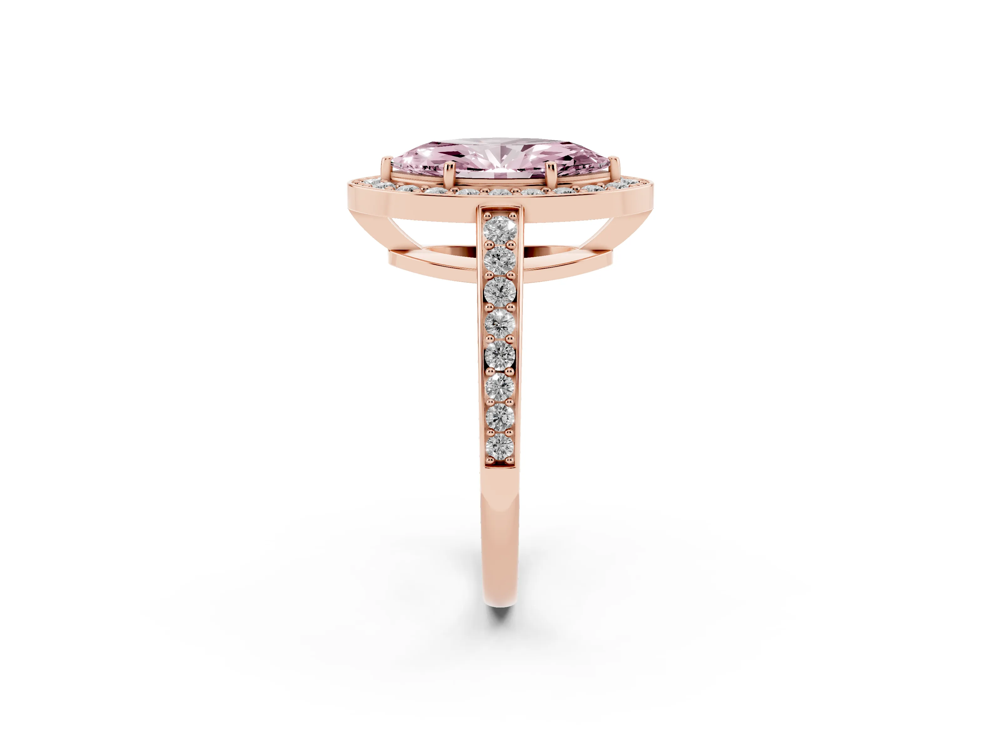 Fancy Pink Marquise Cut Diamond Halo Pavé Engagement Ring Set in Rose gold with Bezel Setting