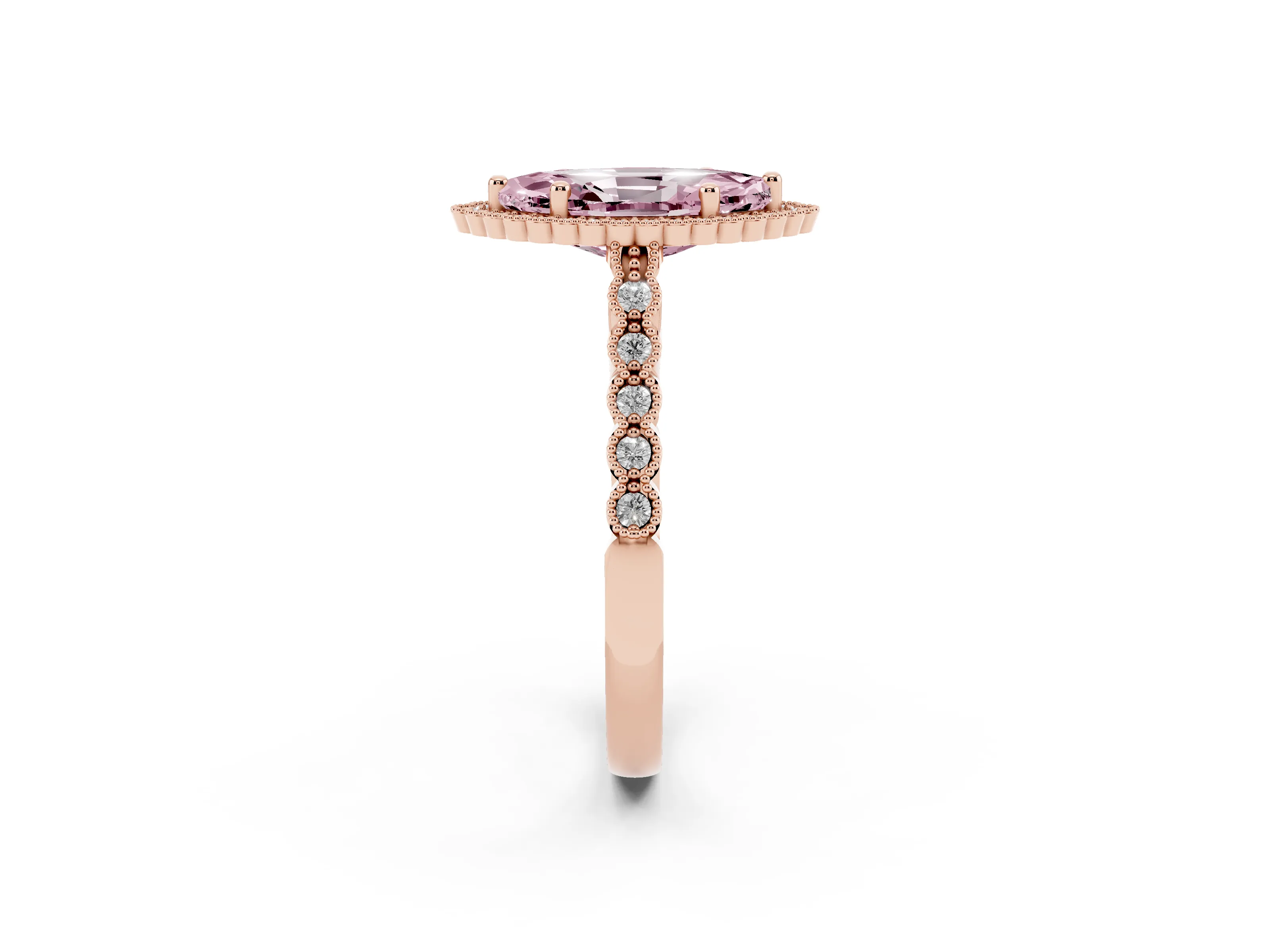 Fancy Pink Marquise Cut Diamond Halo Ring Set in Rose gold with Pavé Milgrain Band