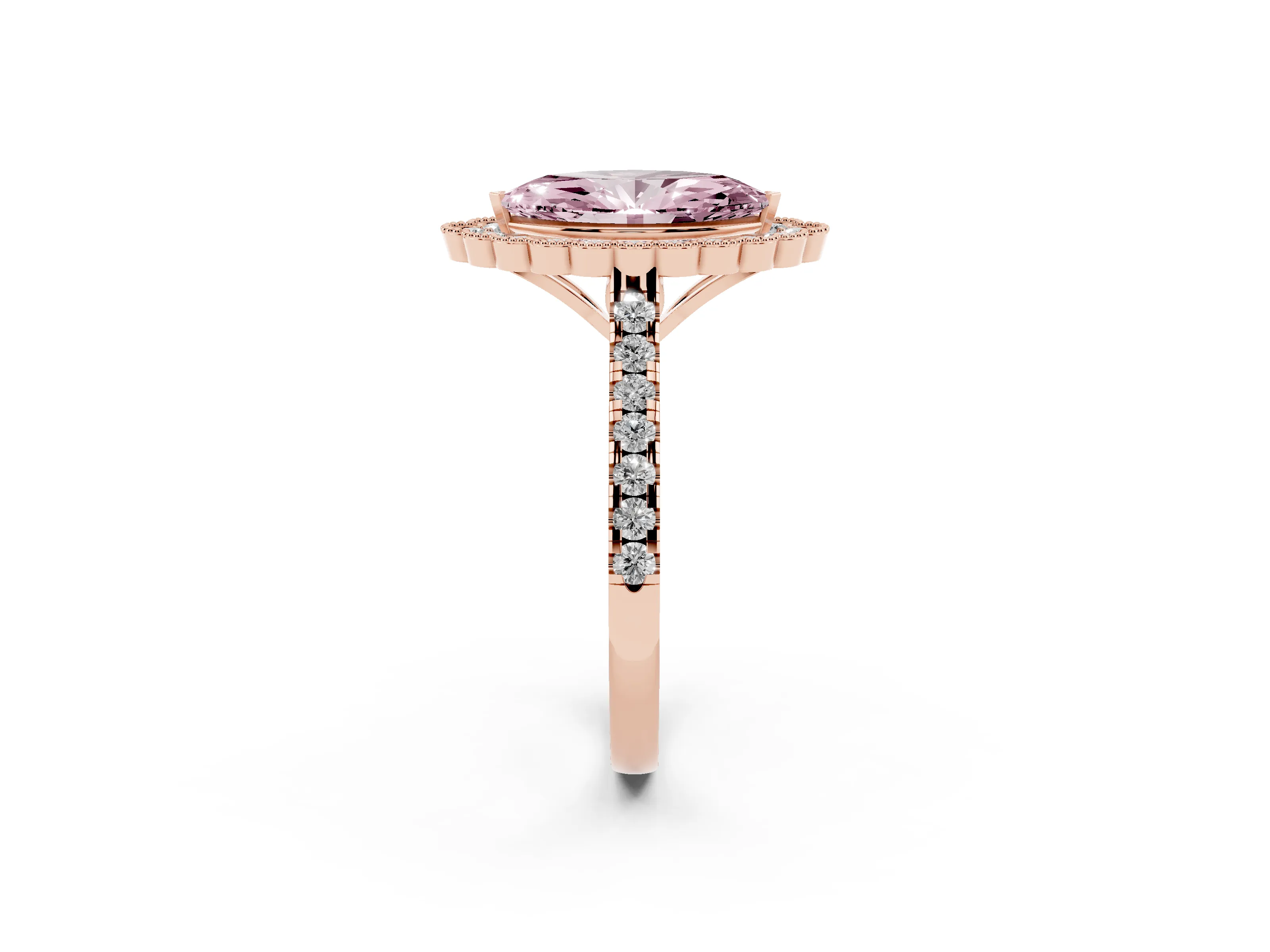 Fancy Pink Marquise Cut Diamond Milgrain Floral Halo Engagement Ring Set in Rose gold with Pavé Band