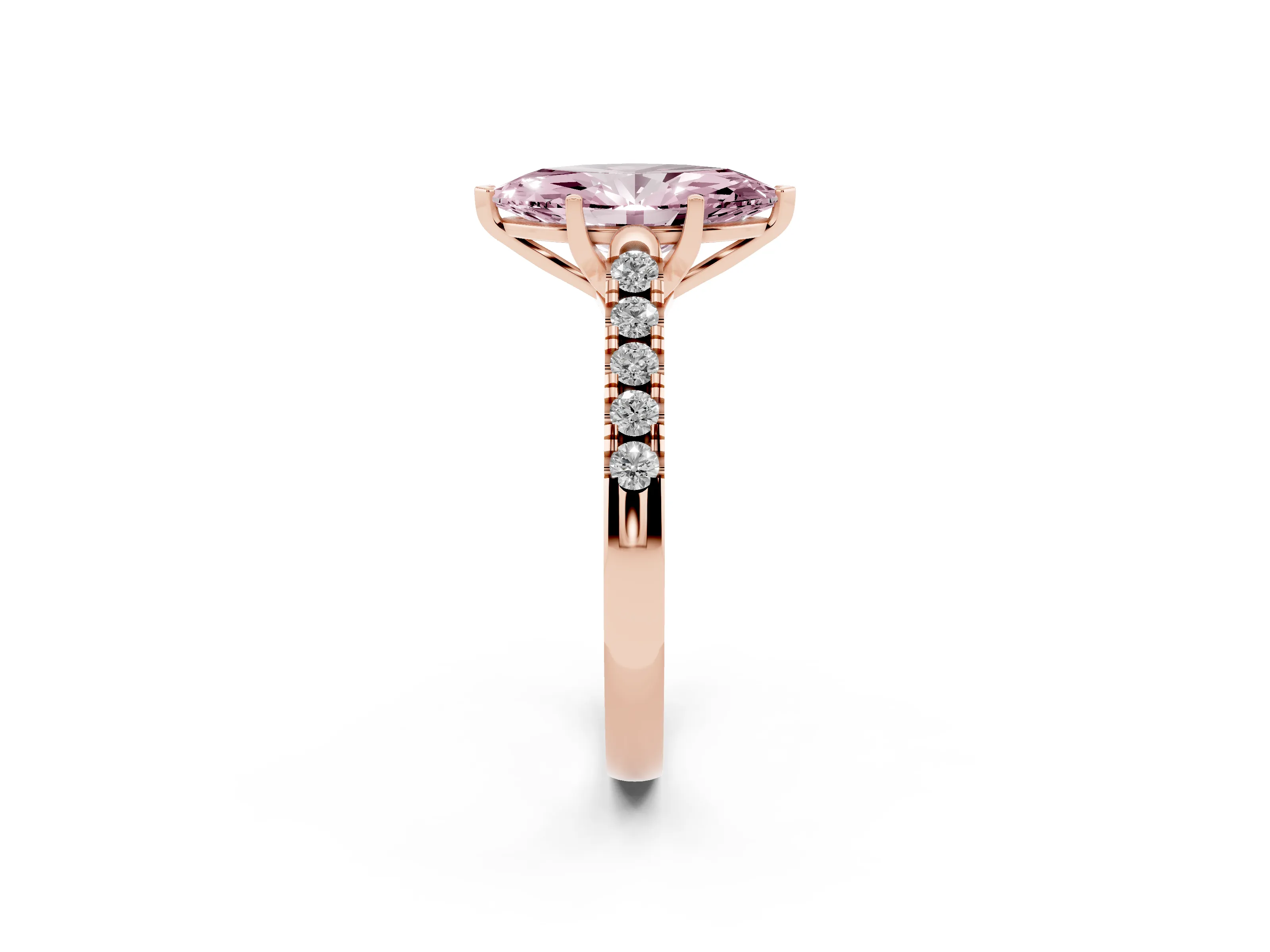 Fancy Pink Marquise Cut Diamond Pavé Band Solitaire Ring Set in Rose gold with Partway Accent Stones and Prong Setting