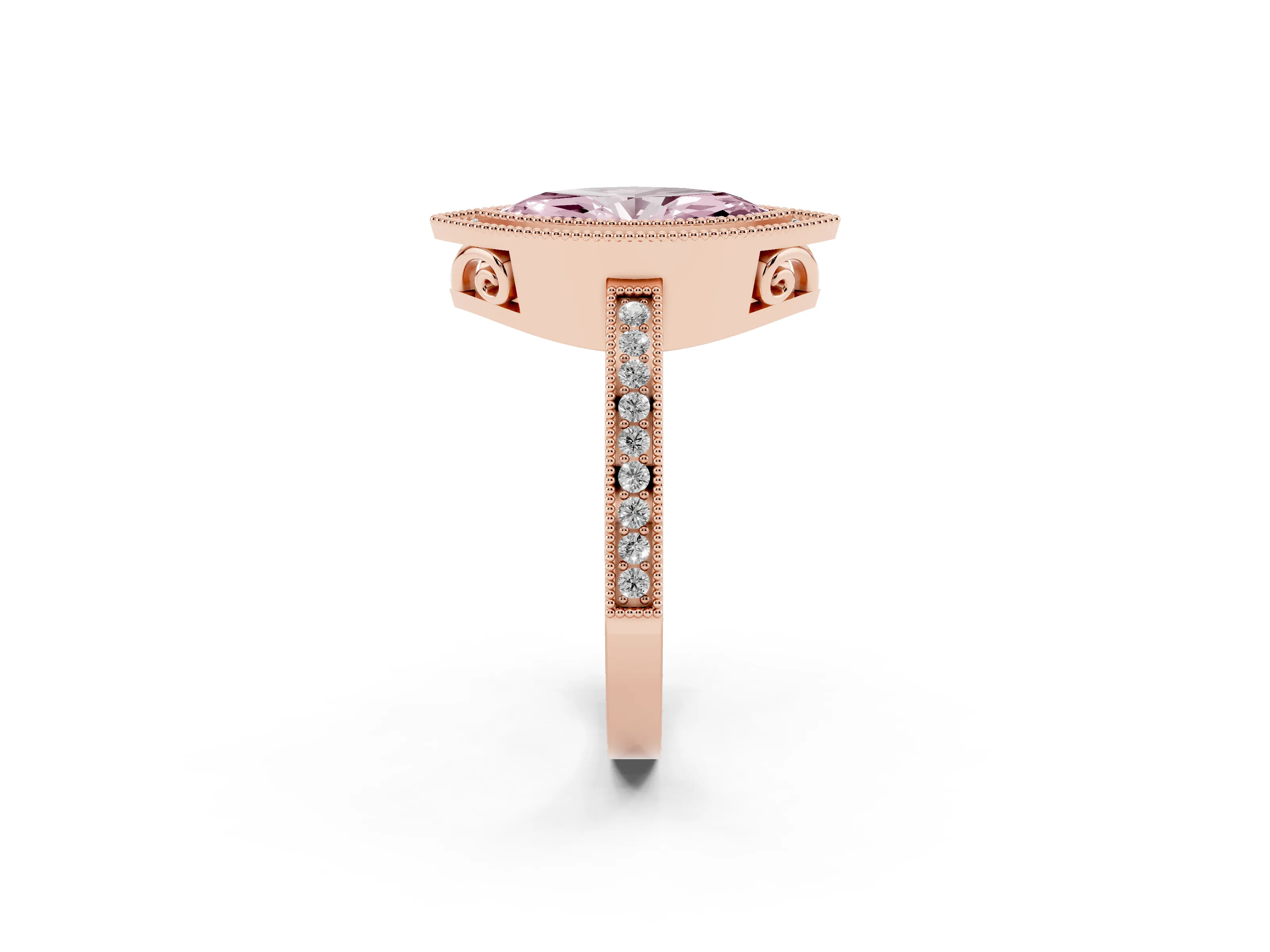 Fancy Pink Marquise Cut Diamond Halo Ring Set in Rose gold with Pavé Band and Milgrain-Edged Prongs
