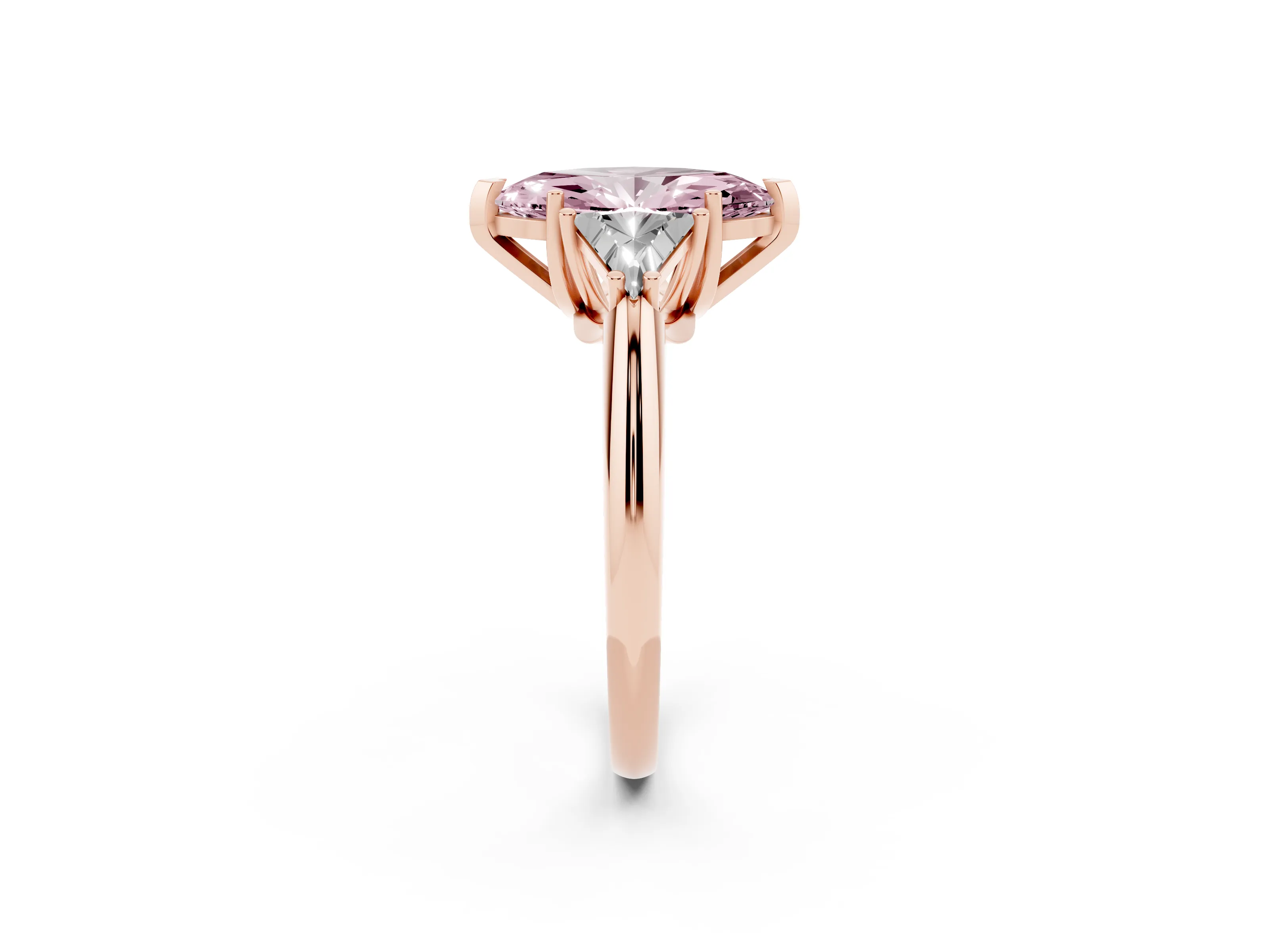 Fancy Pink Marquise Cut Diamond Three-Stone Engagement Ring Set in Rose gold with Trillion Side Stones