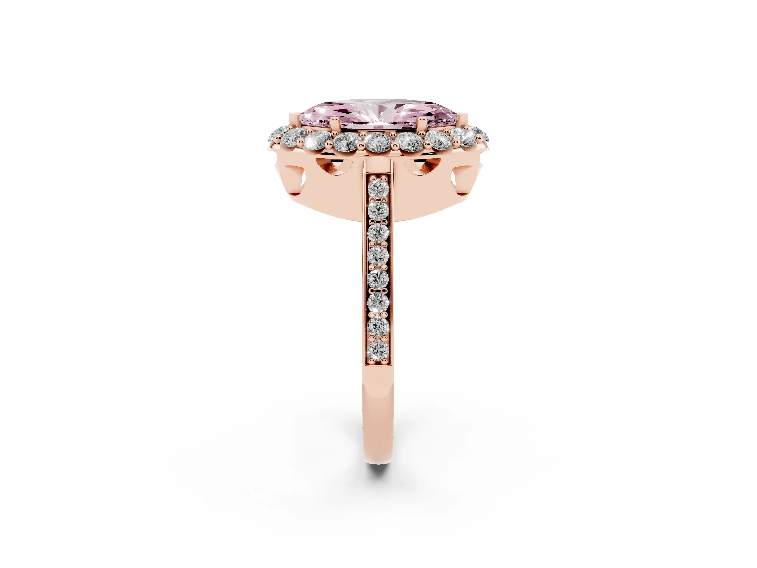 Fancy Pink Marquise Cut Diamond Floral Halo Ring Set in Rose gold with Pavé Band and Prong Setting