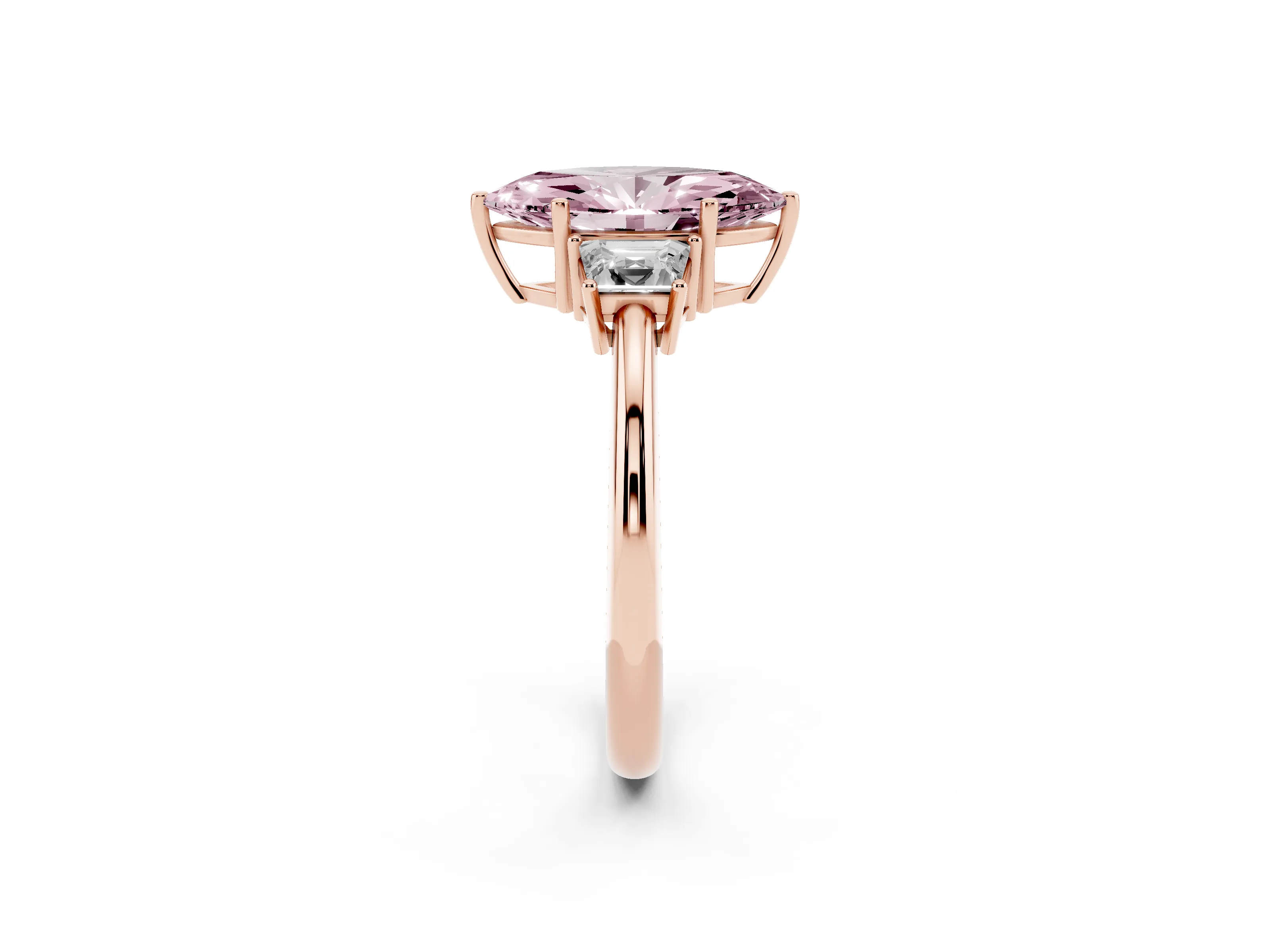 Fancy Pink Marquise Cut Diamond Three-Stone Ring Set in Rose gold with Trapezoid Side Stones and Prong Setting