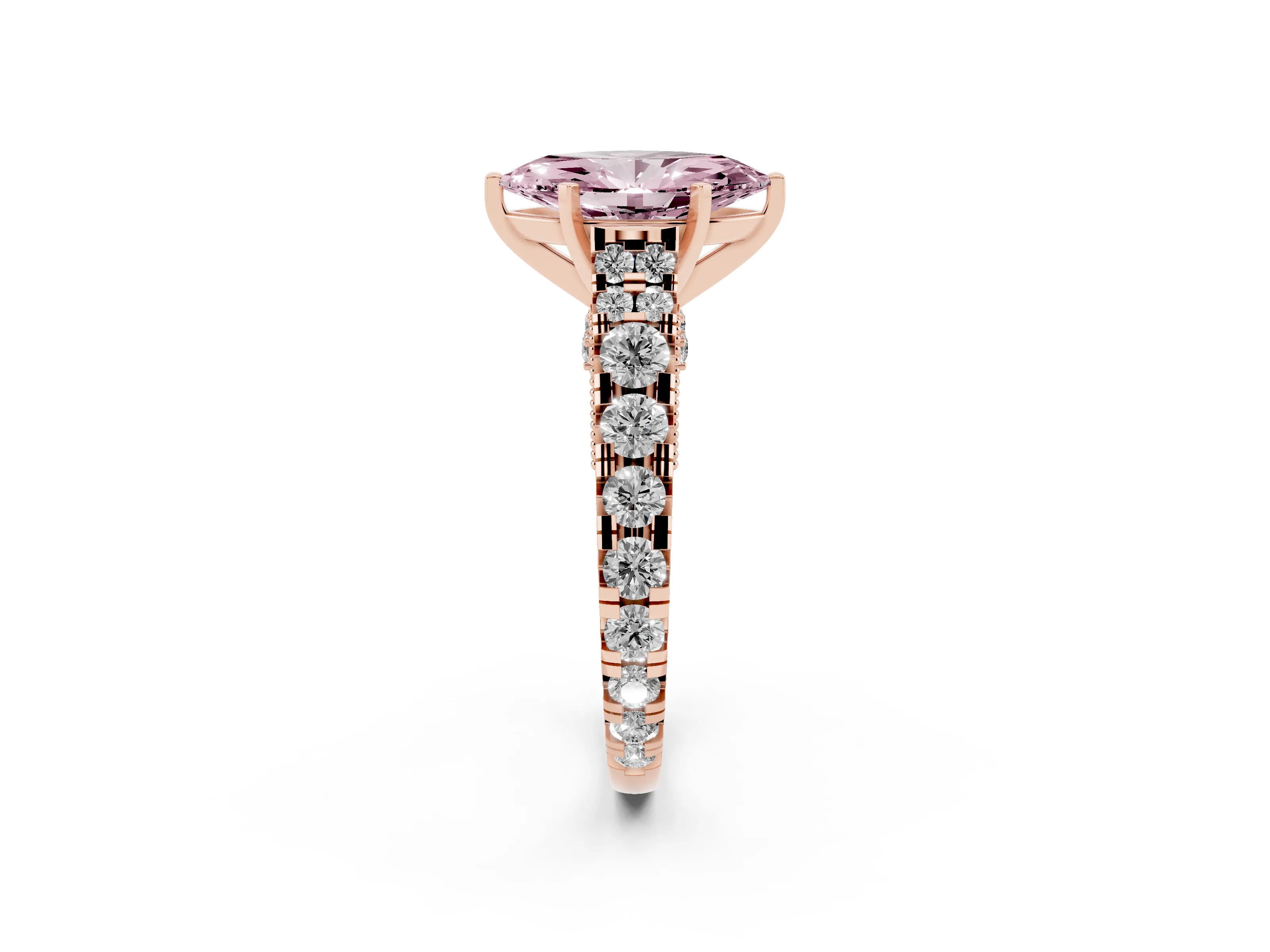Fancy Pink Marquise Cut Diamond Classic Solitaire Ring Set in Rose gold with Pavé Band and Prong Setting