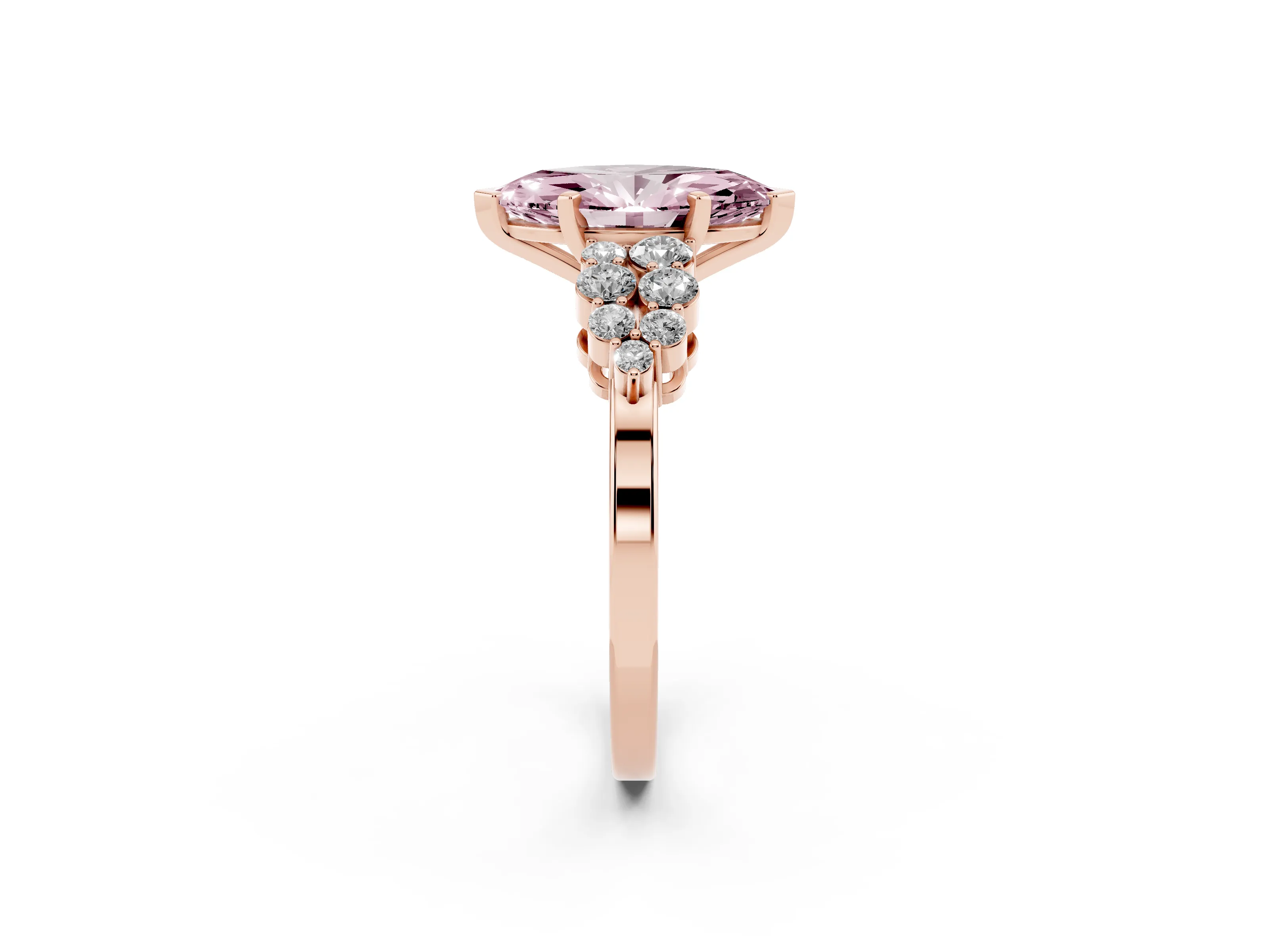 Fancy Pink Marquise Cut Diamond Cluster Engagement Ring Set in Rose gold with Pavé Band and Prong Setting