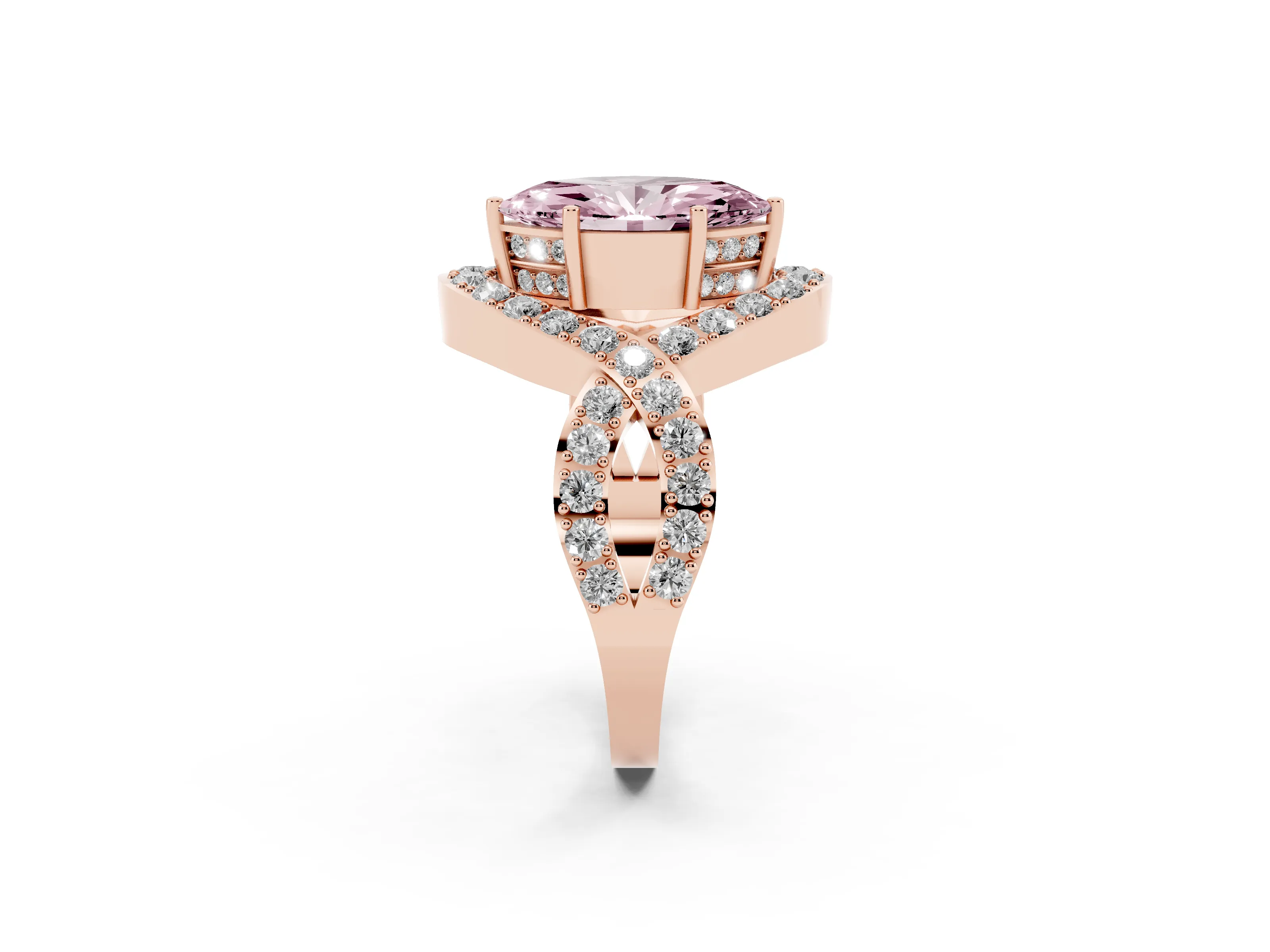 Fancy Pink Marquise Cut Diamond Solitaire Twist Band Pavé Engagement Ring Set in Rose gold