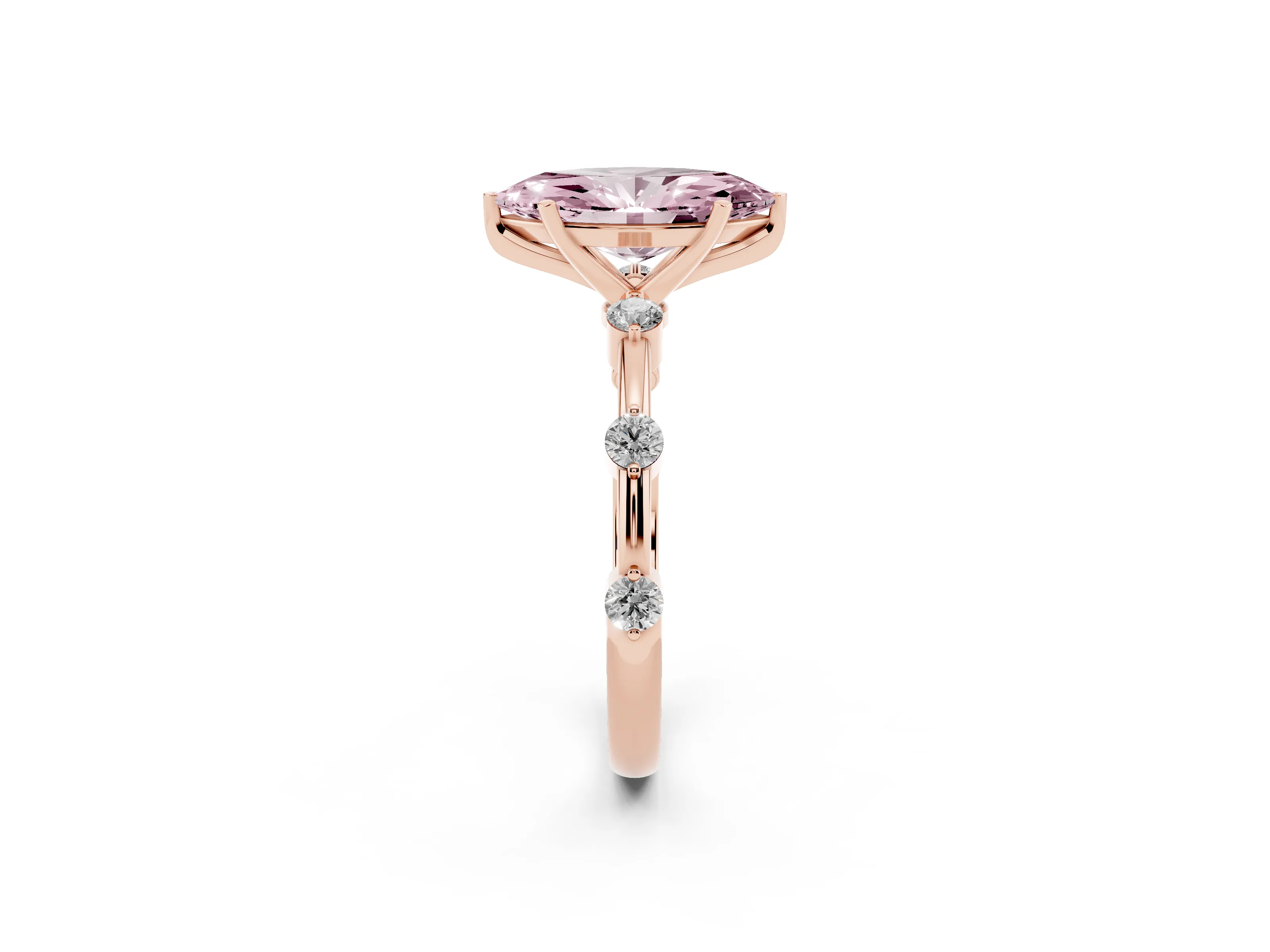 Fancy Pink Marquise Cut Diamond Solitaire Ring Set in Rose gold with Bezel Set Side Stones and Prong Setting