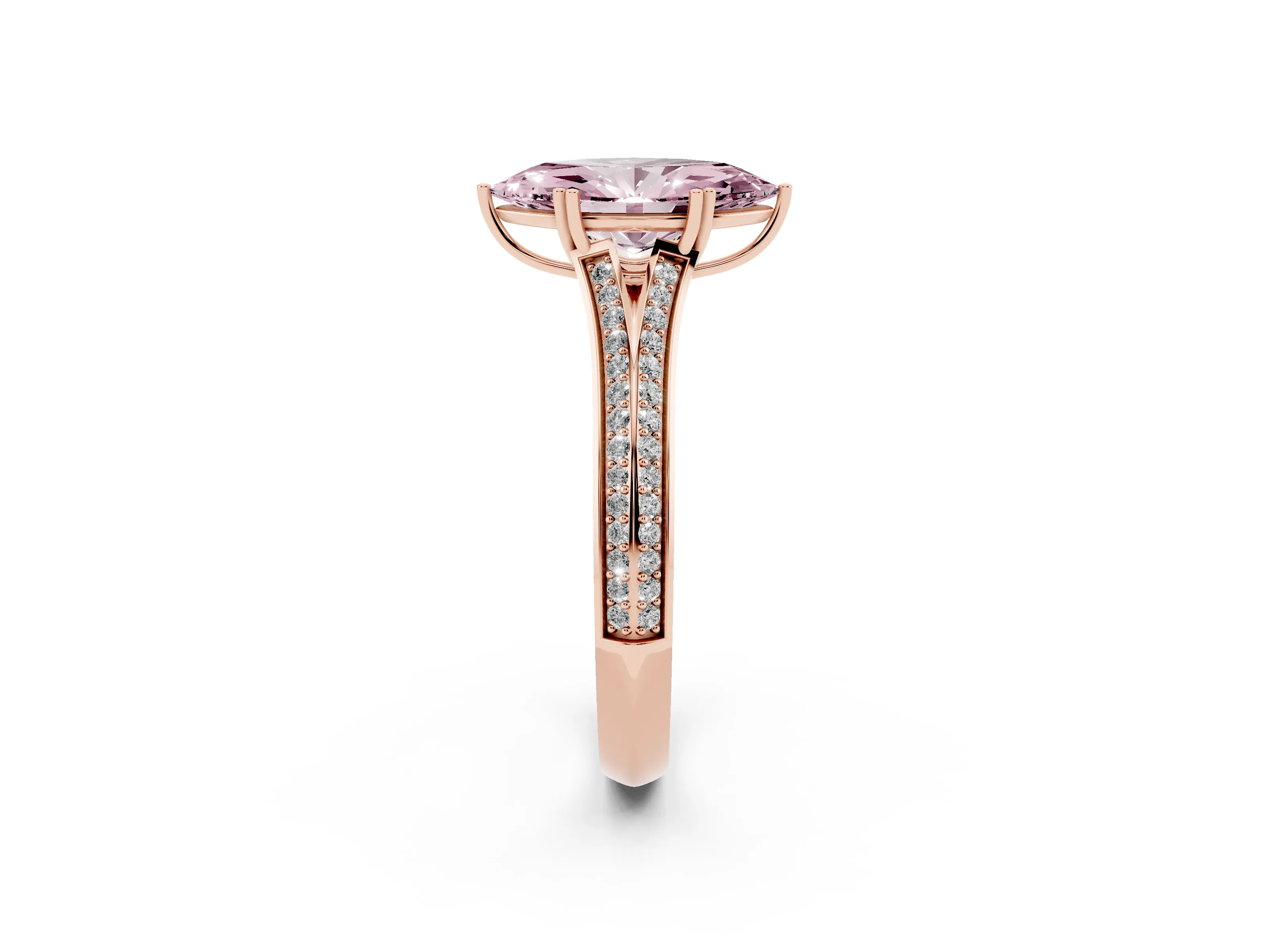 Fancy Pink Marquise Cut Diamond Split Shank Pavé Engagement Ring Set in Rose gold with Prong-Set Center Stone