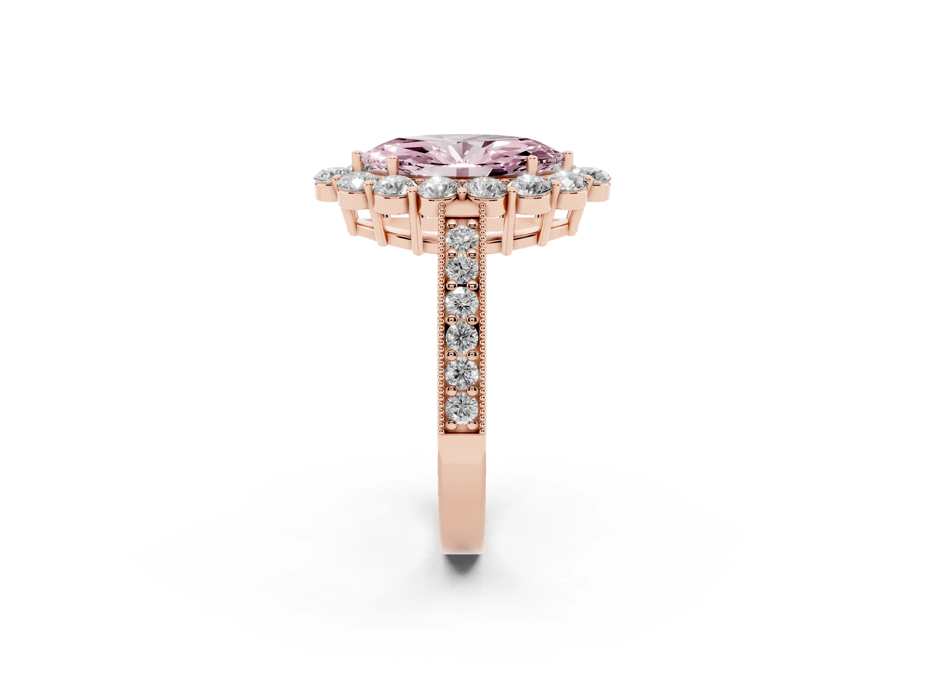 Fancy Pink Marquise Cut Diamond Halo Pavé Engagement Ring Set in Rose gold with Milgrain Detailing