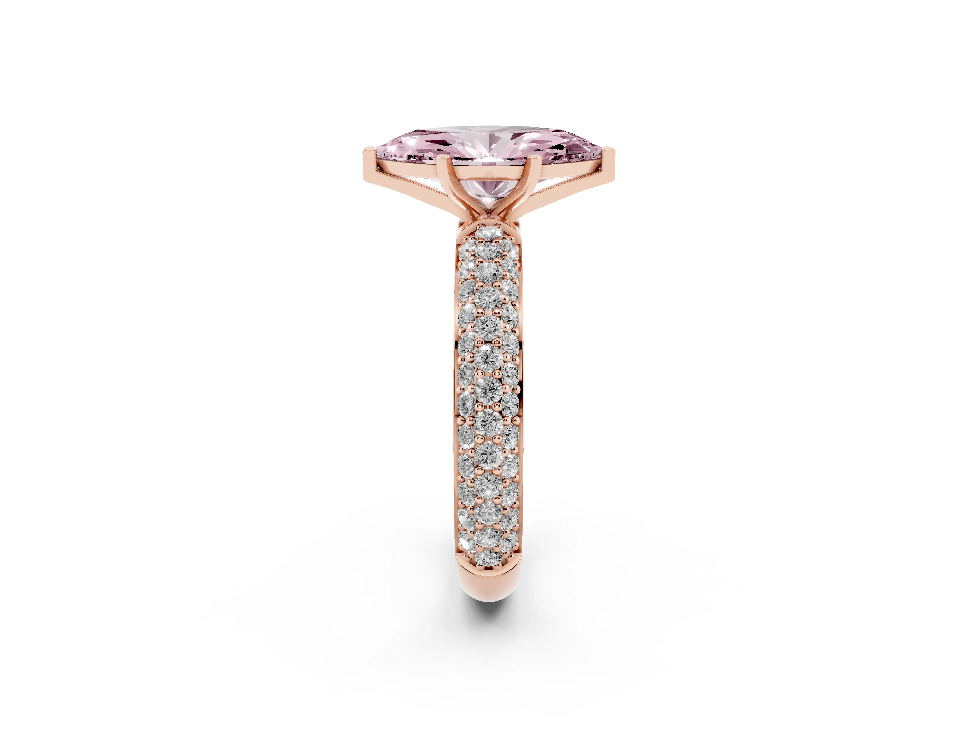Fancy Pink Marquise Cut Diamond Solitaire Ring Set in Rose gold with Prong Setting and Pavé-Set Band
