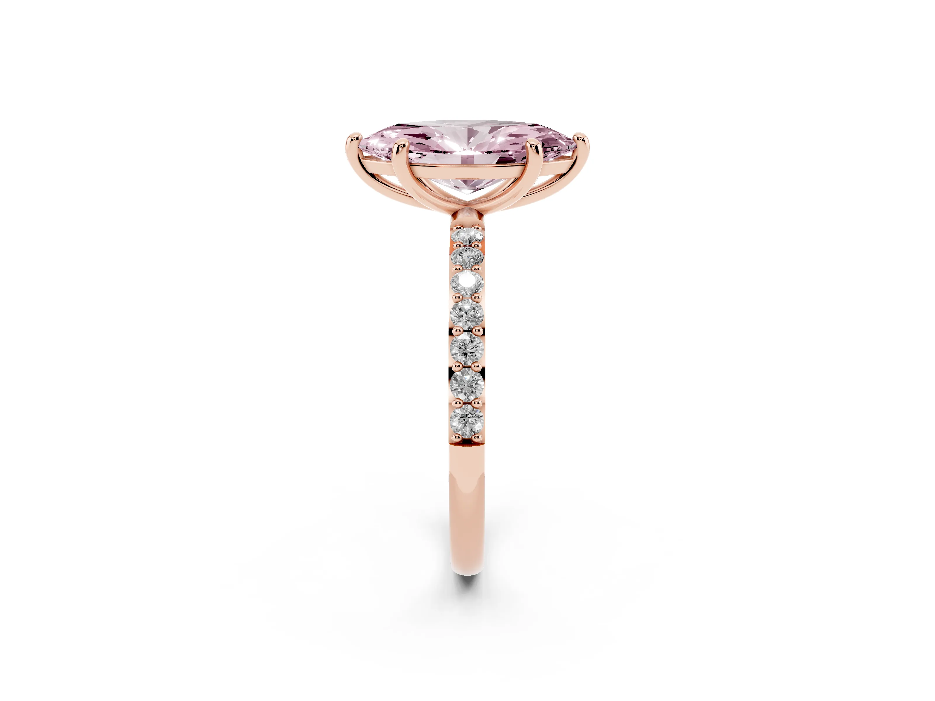 Fancy Pink Marquise Cut Diamond Solitaire Ring Set in Rose gold with Round Pavé Band and Prong Setting