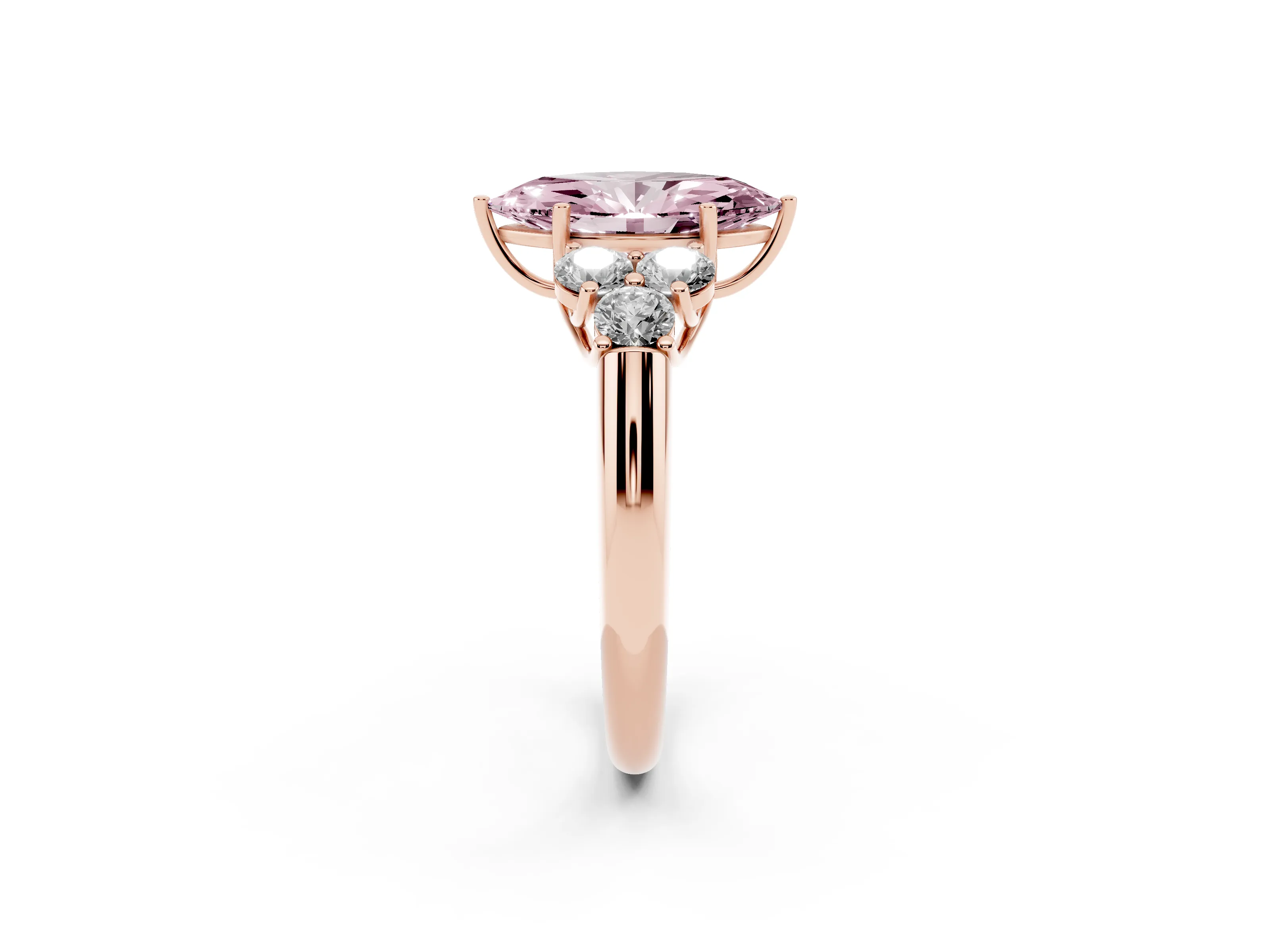 Fancy Pink Marquise Cut Diamond Cluster Ring Set in Rose gold with Round Accent Stones and Prong Setting on a Plain Band