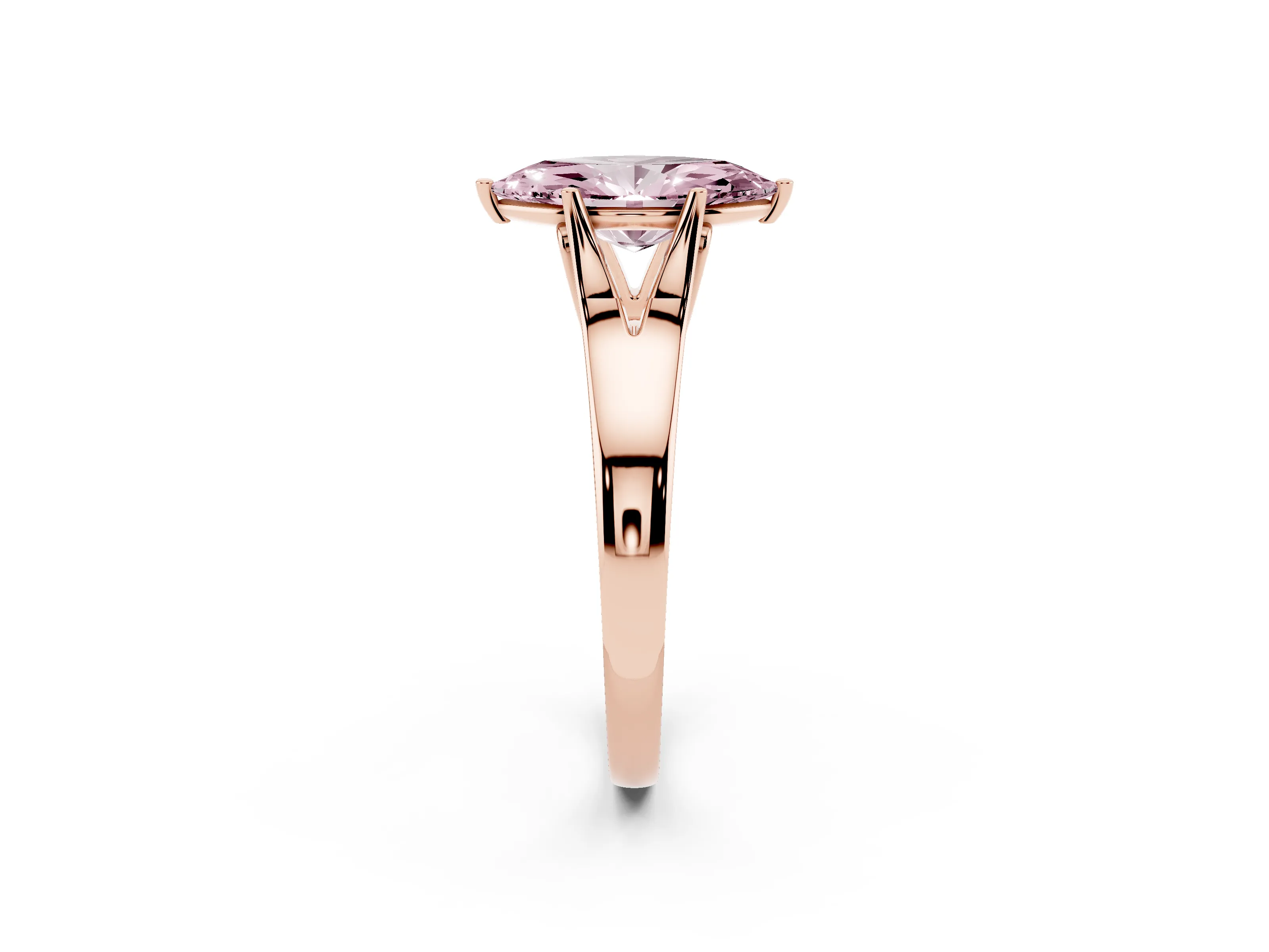 Fancy Pink Marquise Cut Diamond Solitaire Ring Set in Rose gold with Arched Cathedral Band and Prong Setting