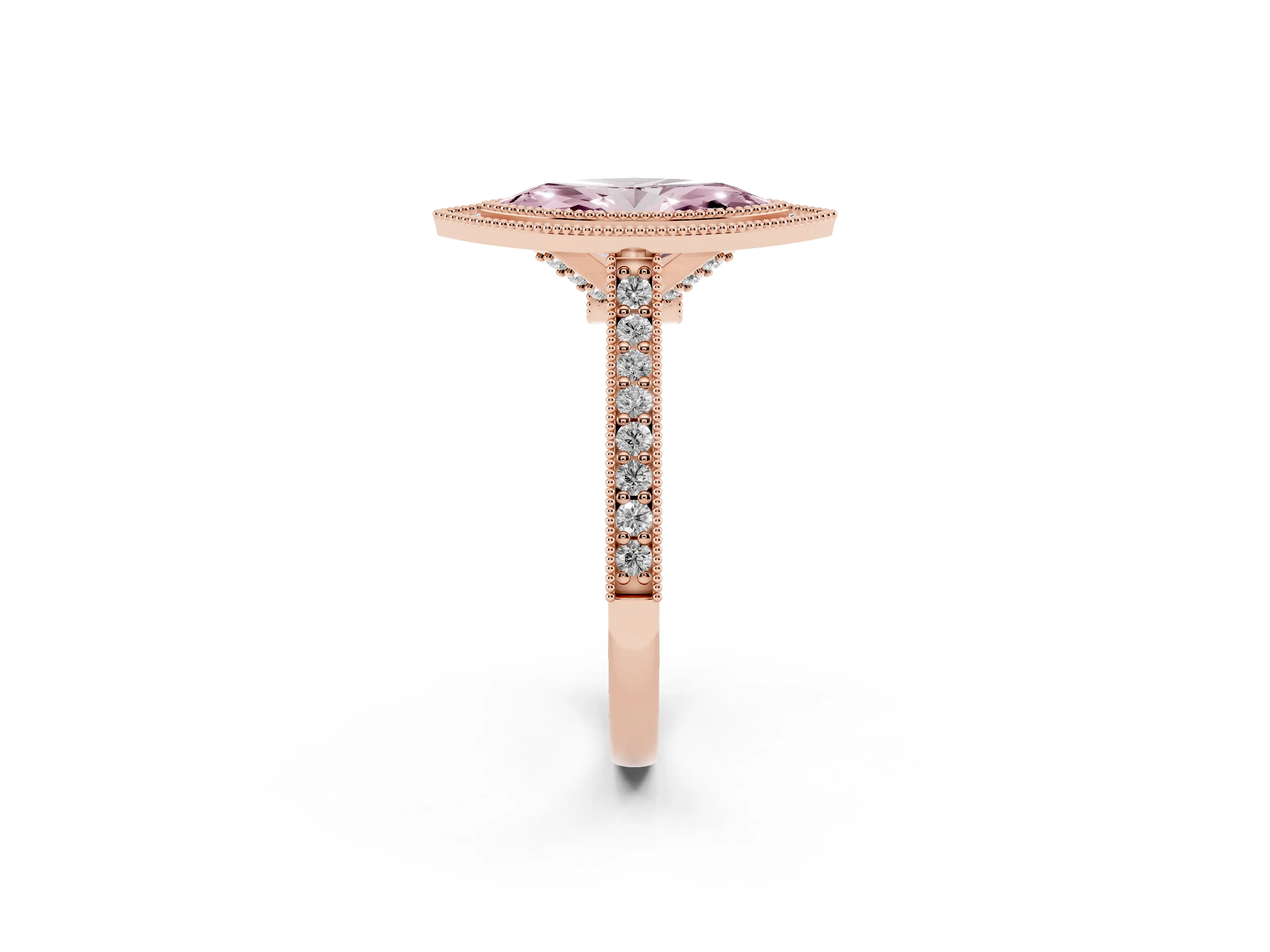 Fancy Pink Marquise Cut Diamond Halo Milgrain Pavé Band Ring Set in Rose gold with Prong Setting