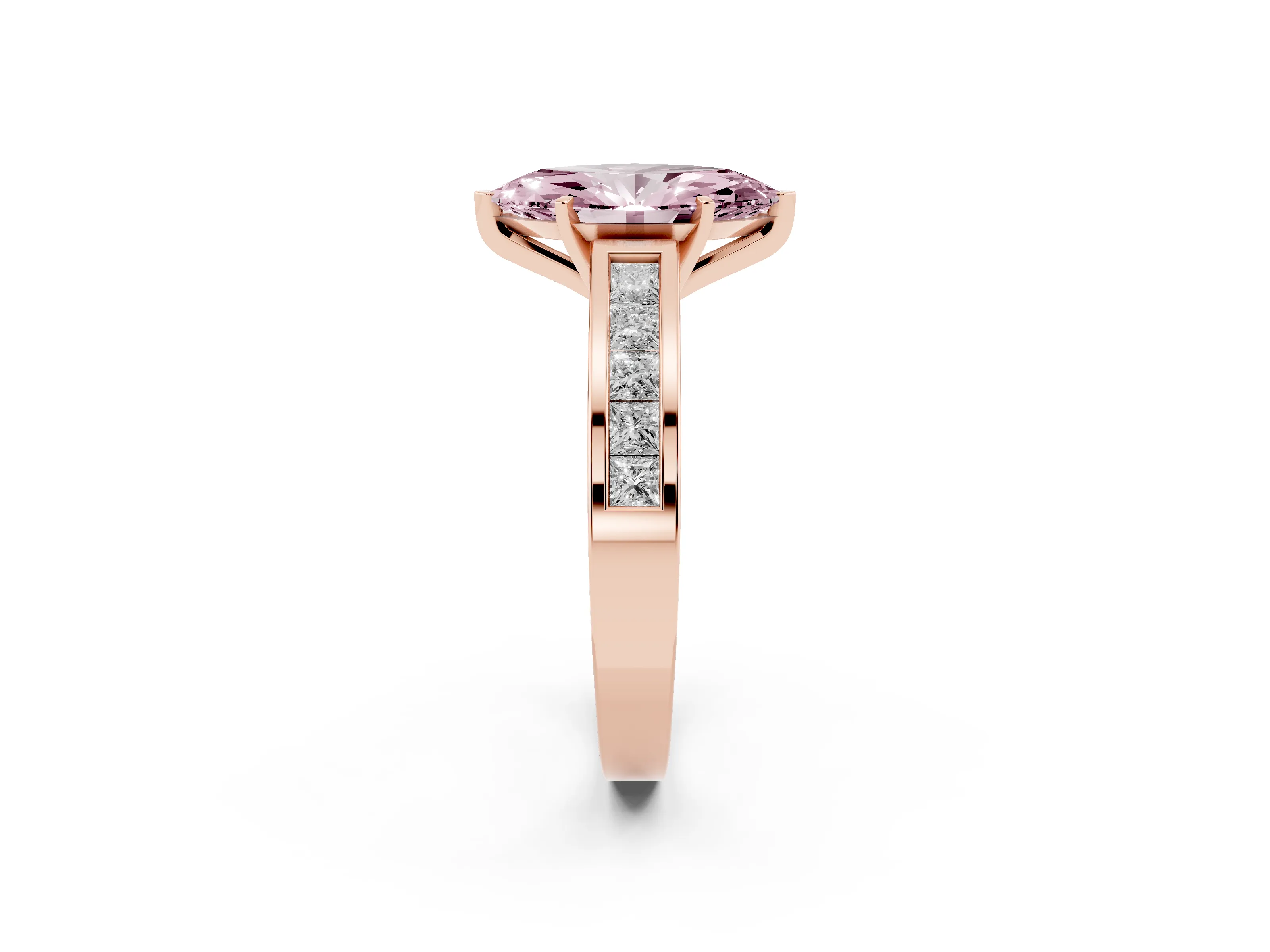 Fancy Pink Marquise Cut Diamond Solitaire Ring Set in Rose gold with Channel-Set Band and Prong Setting