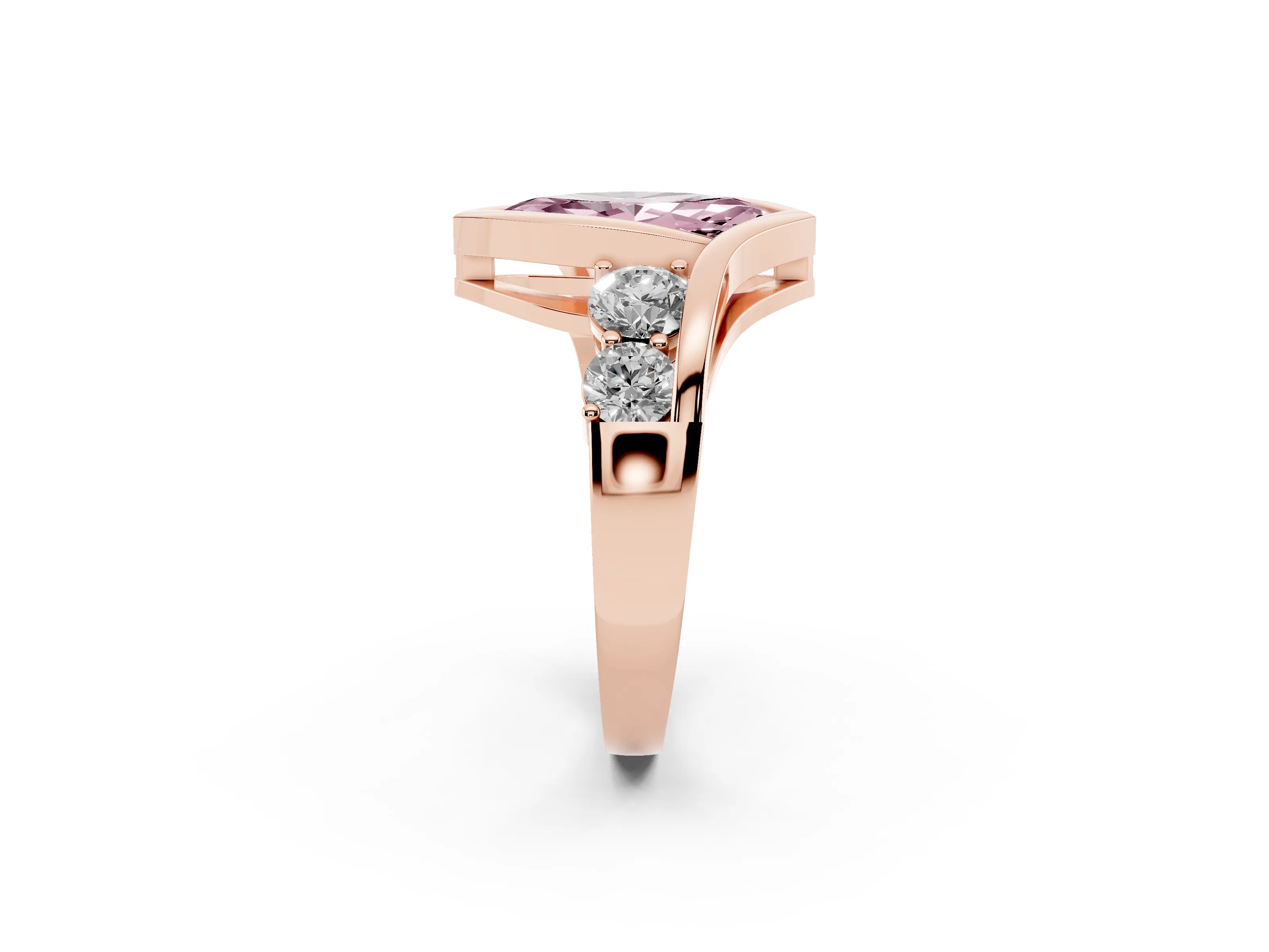 Fancy Pink Marquise Cut Diamond Bezel Bypass Ring Set in Rose gold with Round Accents