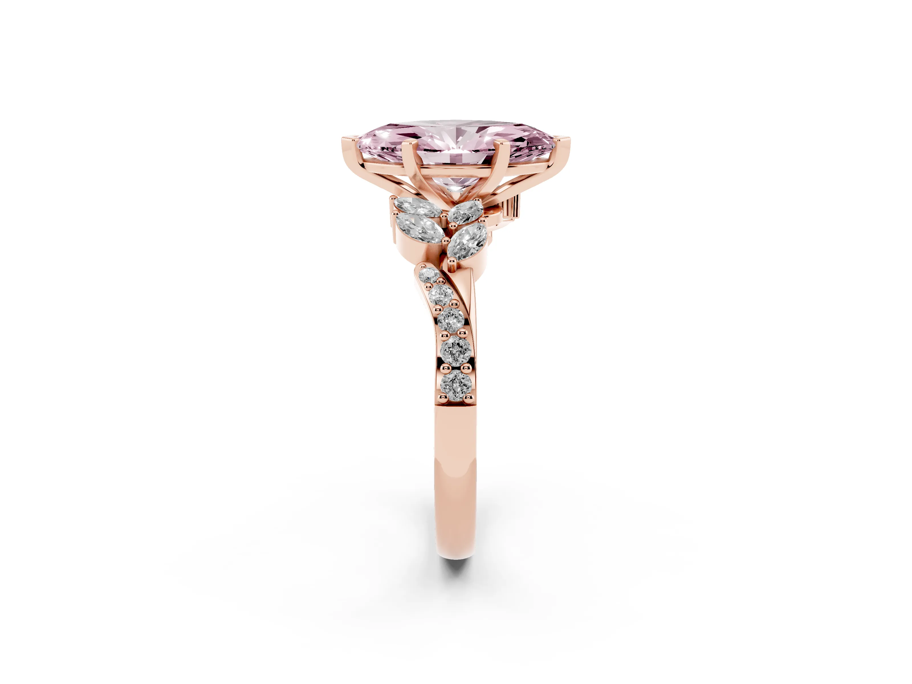 Fancy Pink Marquise Cut Diamond Solitaire Ring Set in Rose gold with Marquise Twist Band and Prong Setting