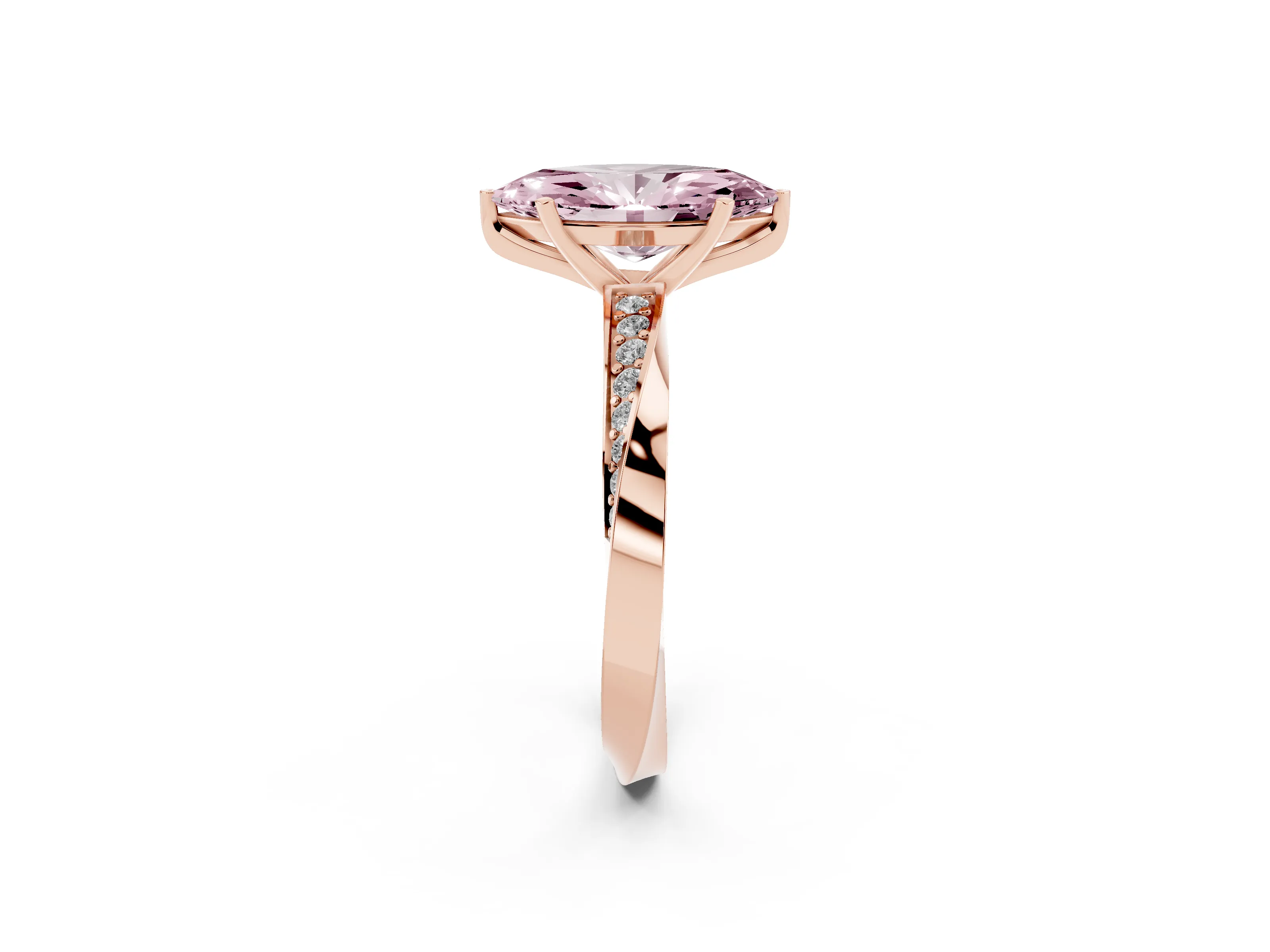 Fancy Pink Marquise Cut Diamond Engagement Ring Set in Rose gold with Side Stone Accents and Prong Setting