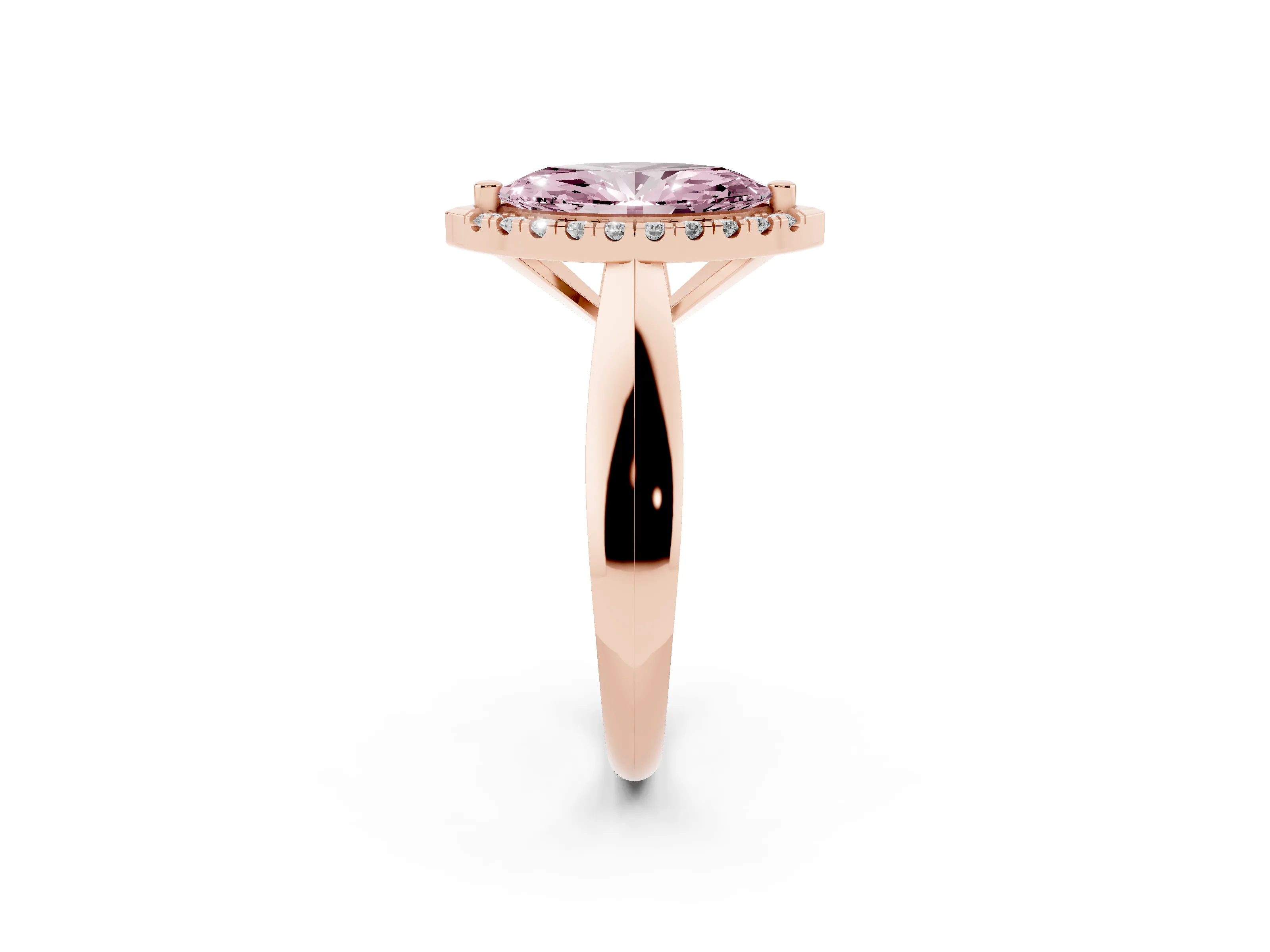 Fancy Pink Marquise Cut Diamond Halo Solitaire Engagement Ring Set in Rose gold with Square Band and Prong Setting