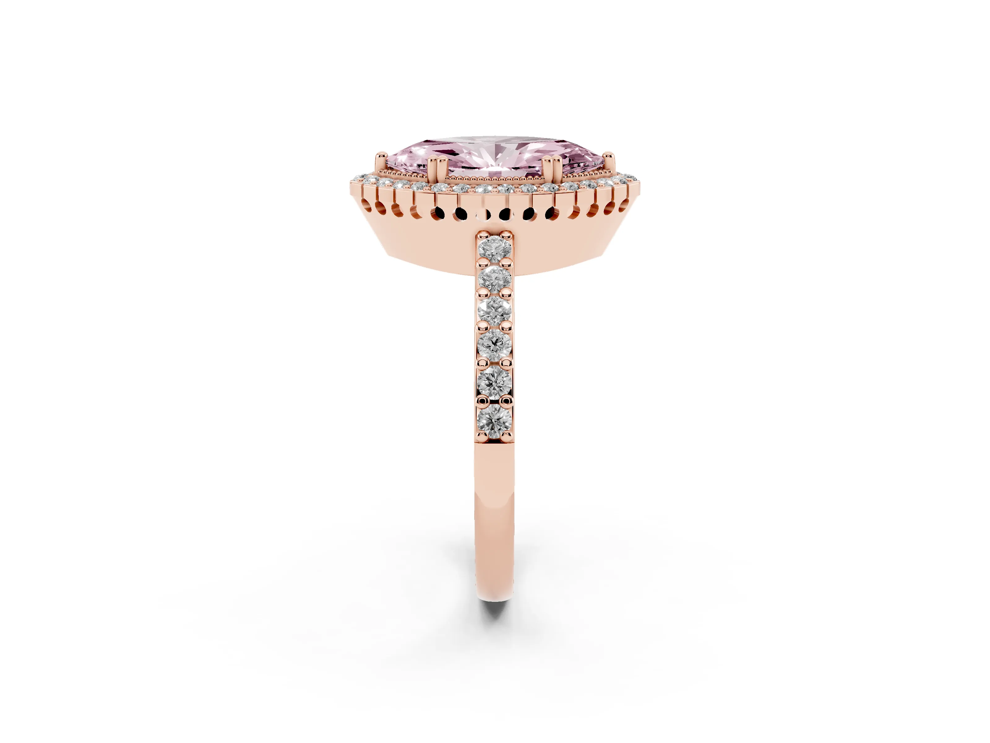 Fancy Pink Marquise Cut Diamond Halo Engagement Ring Set in Rose gold with Milgrain Detail and Pavé Band