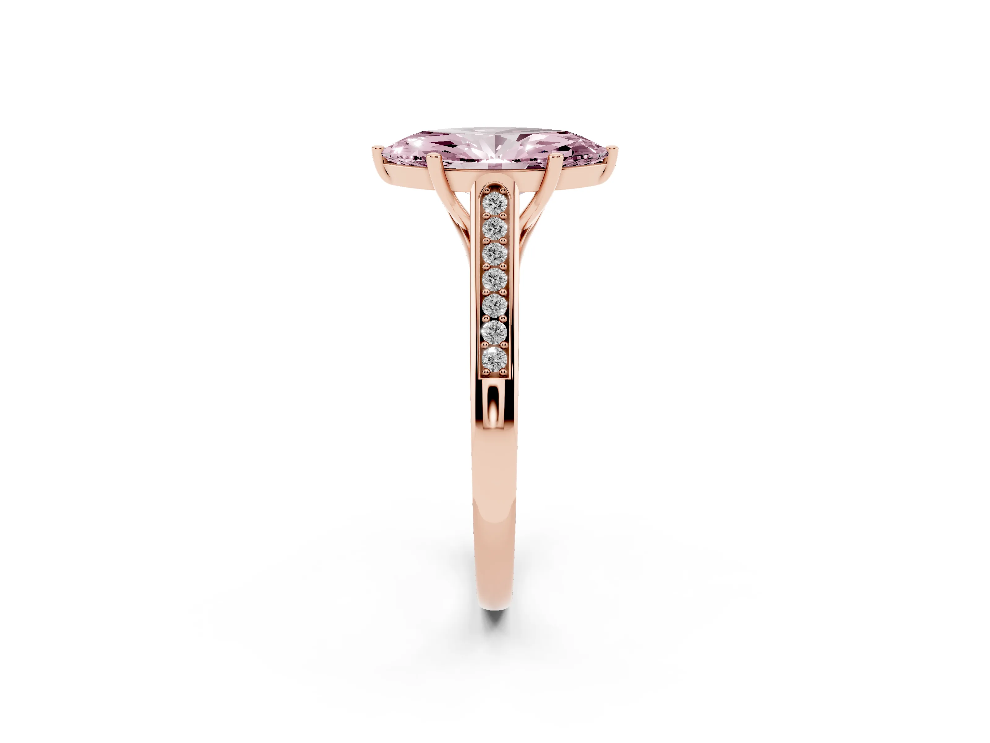 Fancy Pink Marquise Cut Diamond Solitaire Cathedral Engagement Ring Set in Rose gold with Channel-Set Band and Prong Setting