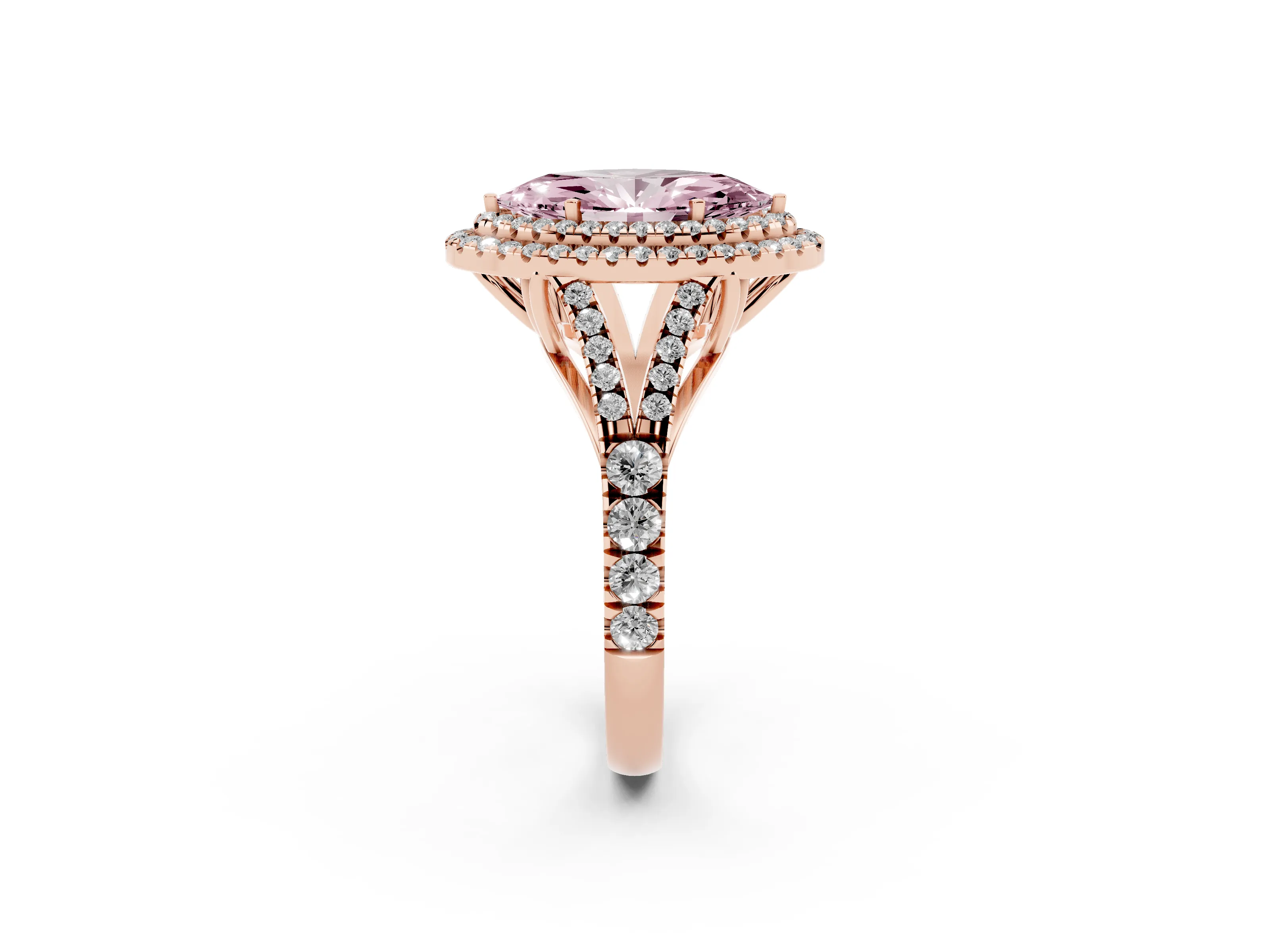 Fancy Pink Marquise Cut Diamond Pavé Split Shank Double Halo Engagement Ring Set in Rose gold