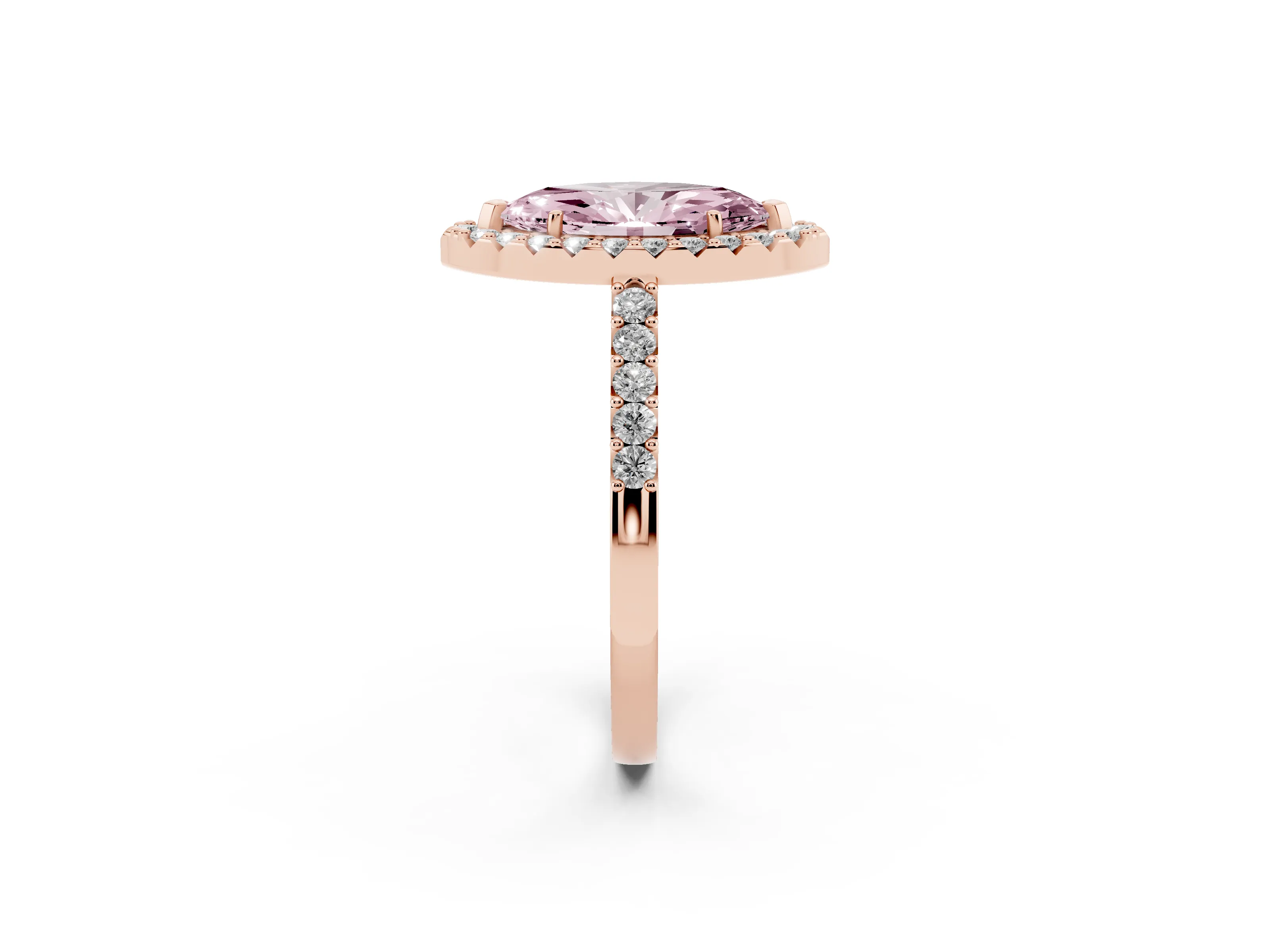 Fancy Pink Marquise Cut Diamond Halo Pavé Solitaire Ring Set in Rose gold with Prong-Set Center Stone