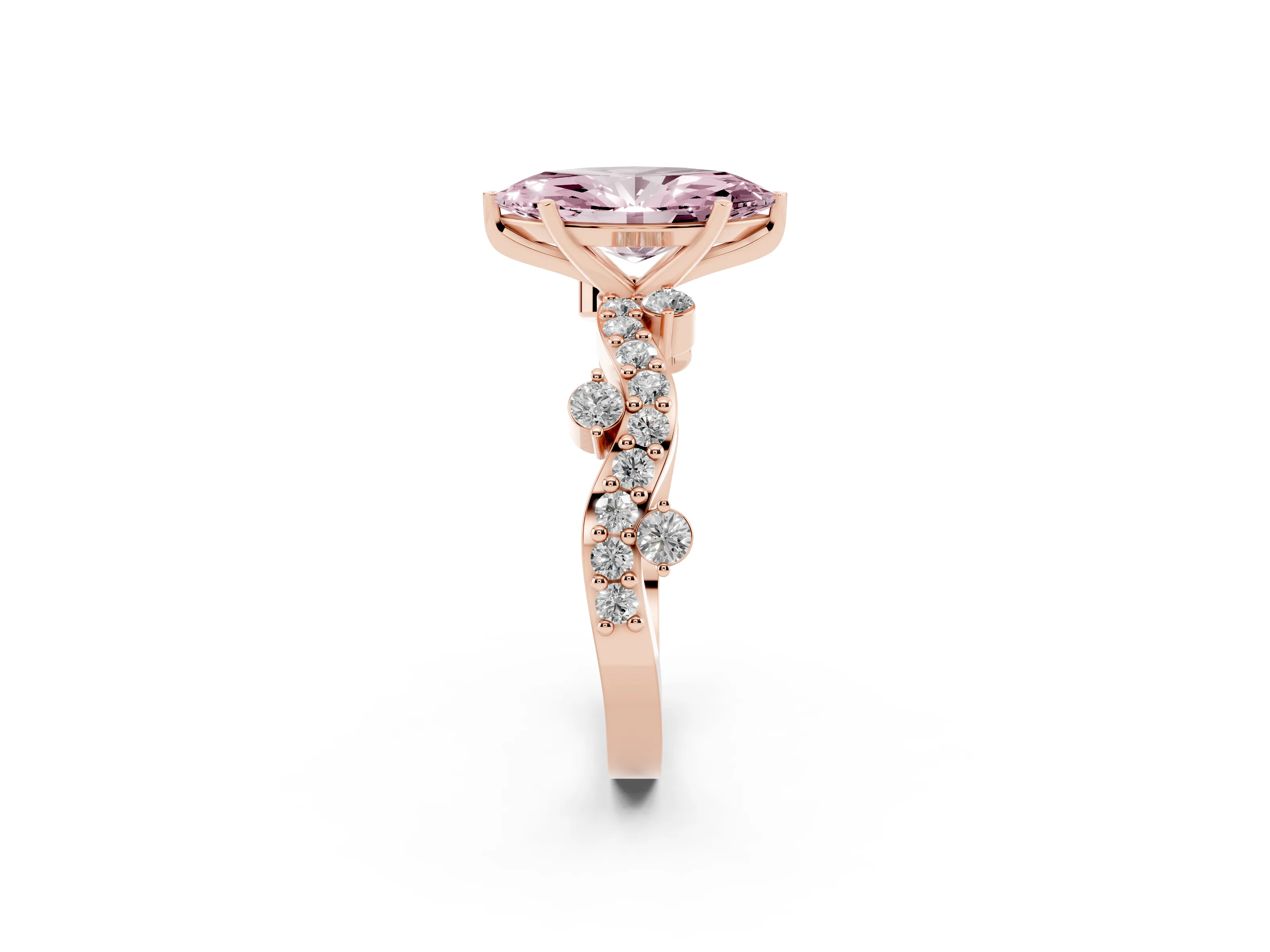 Fancy Pink Marquise Cut Diamond Solitaire Twisted Band Set in Rose gold with Pavé Setting