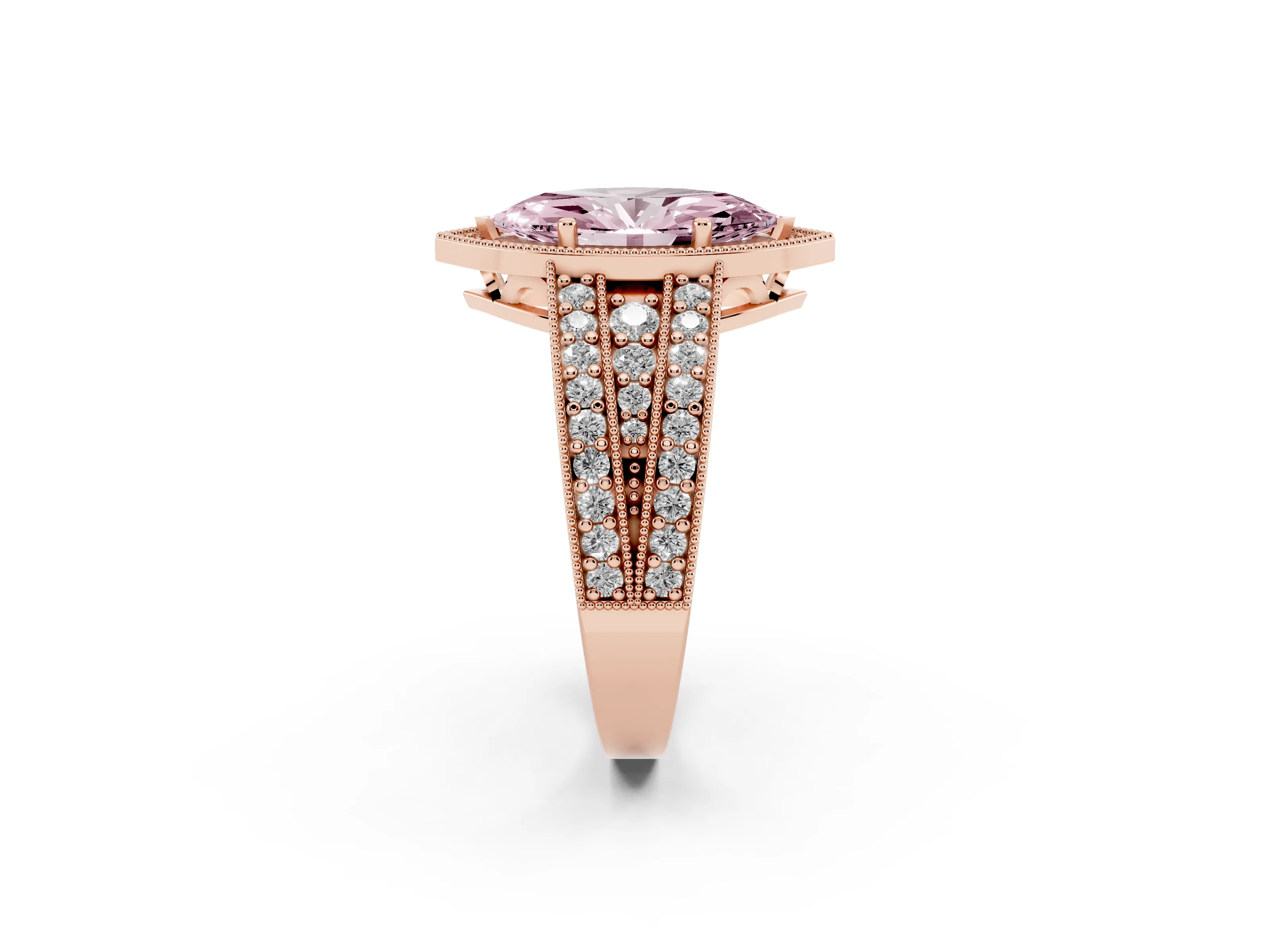 Fancy Pink Marquise Cut Diamond Halo Ring Set in Rose gold with Accent Split Shank and Prong Setting