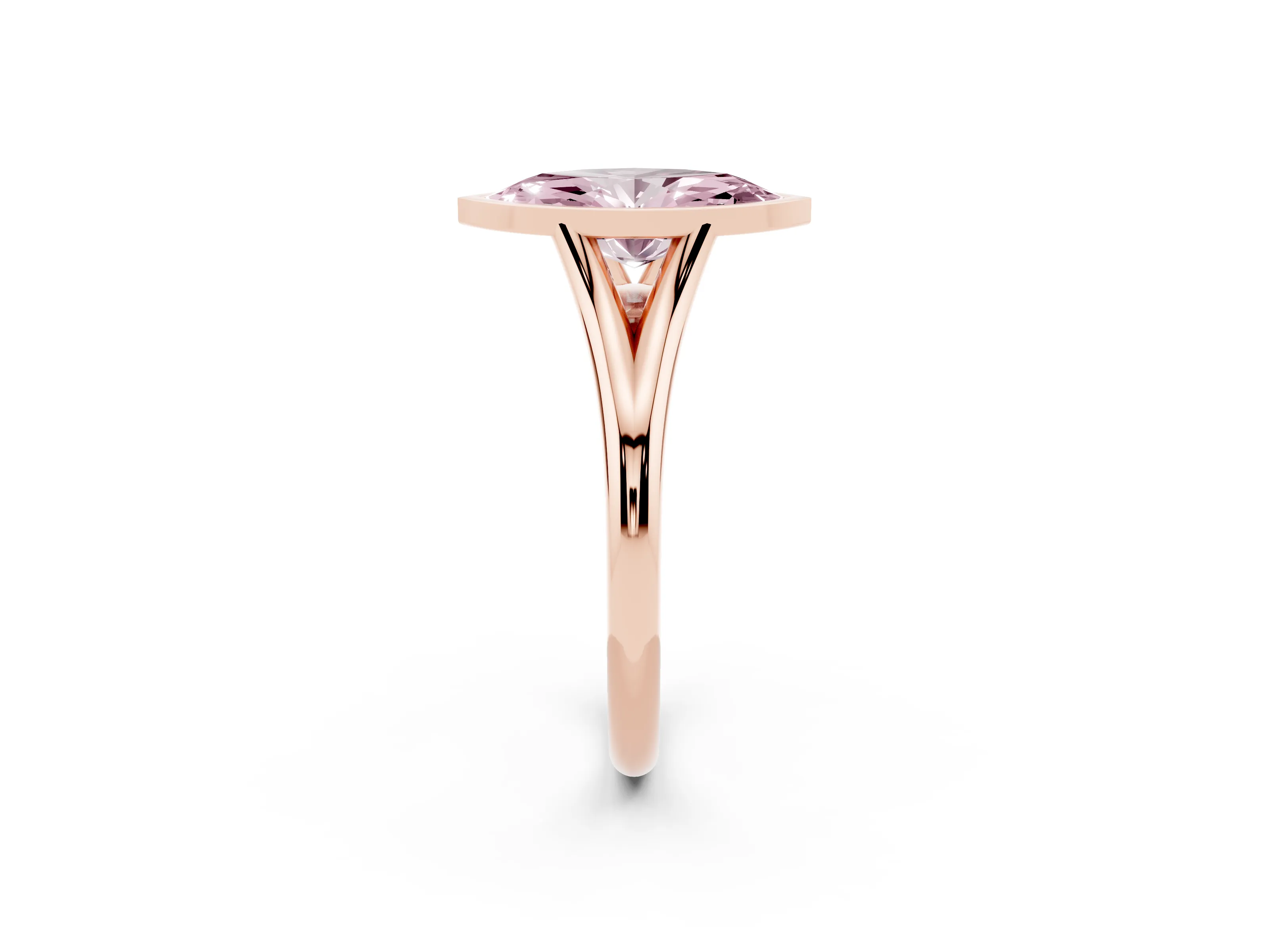Fancy Pink Bezel Set Marquise Cut Diamond Solitaire Ring Set in Rose gold with Tapered Band