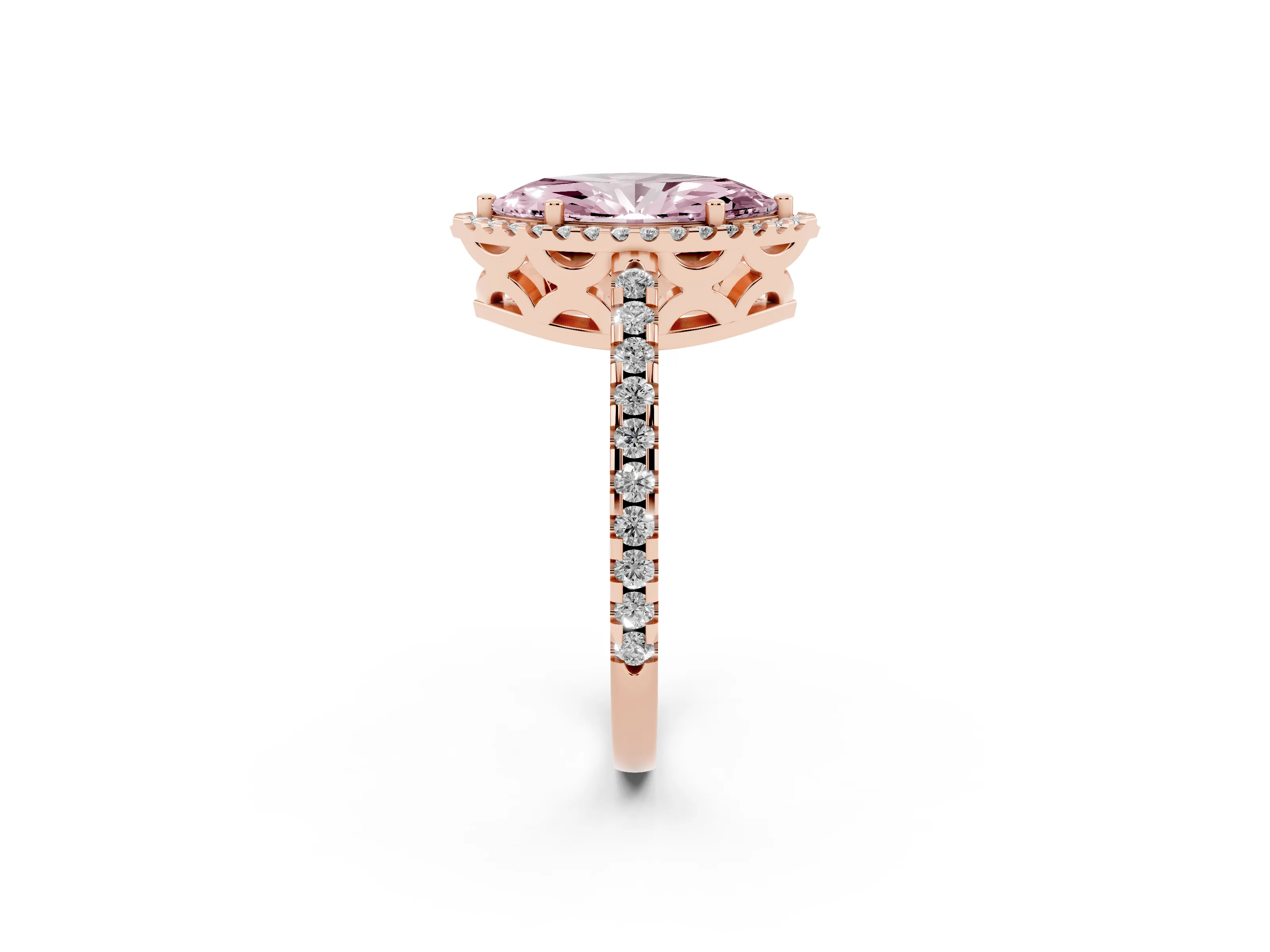 Fancy Pink Marquise Cut Diamond Halo Ring Set in Rose gold with Pavé Shoulders and Halo-Framed Center