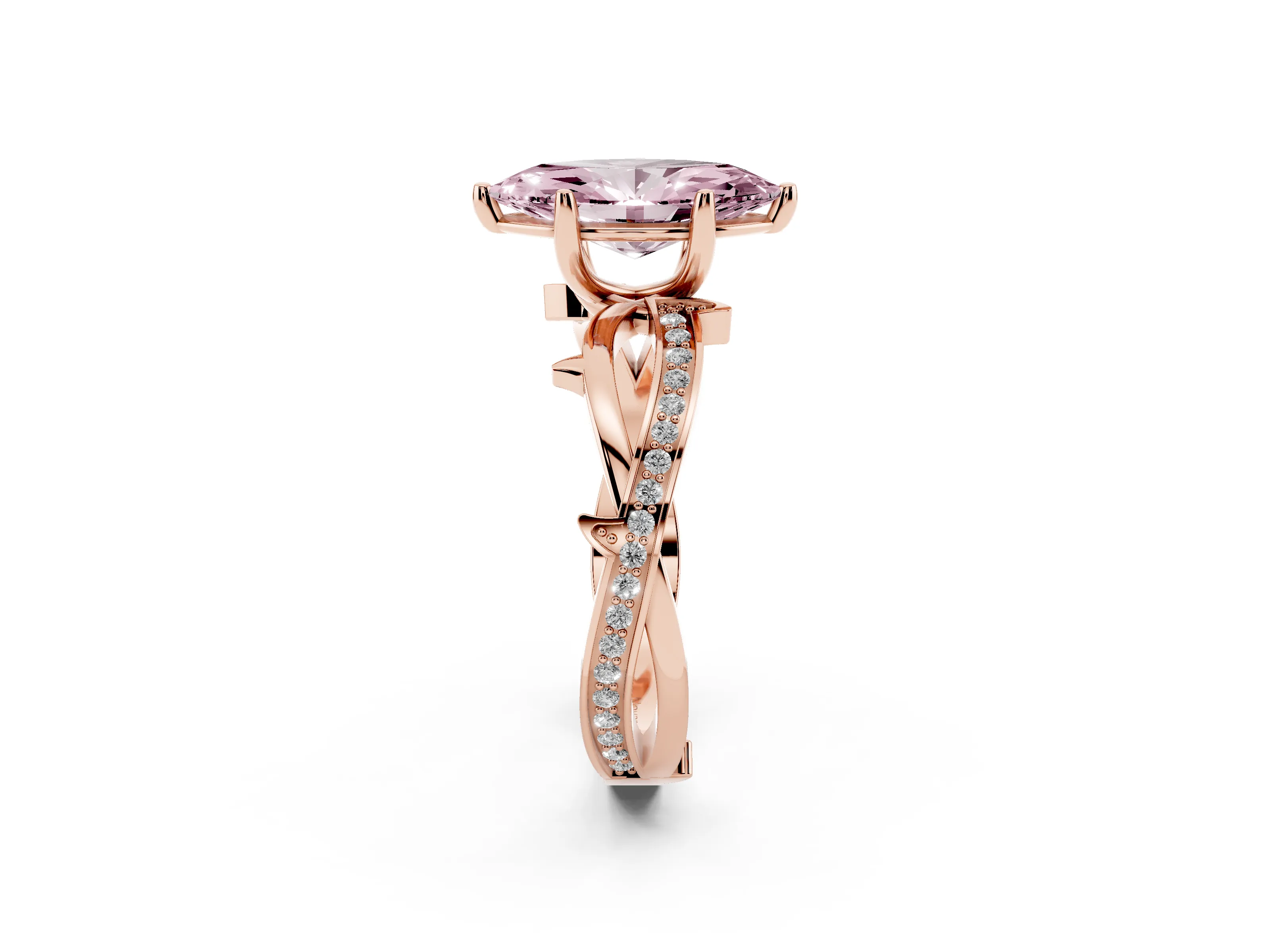 Fancy Pink Marquise Cut Diamond Pavé Twist Band Solitaire Ring Set in Rose gold with Prong Setting