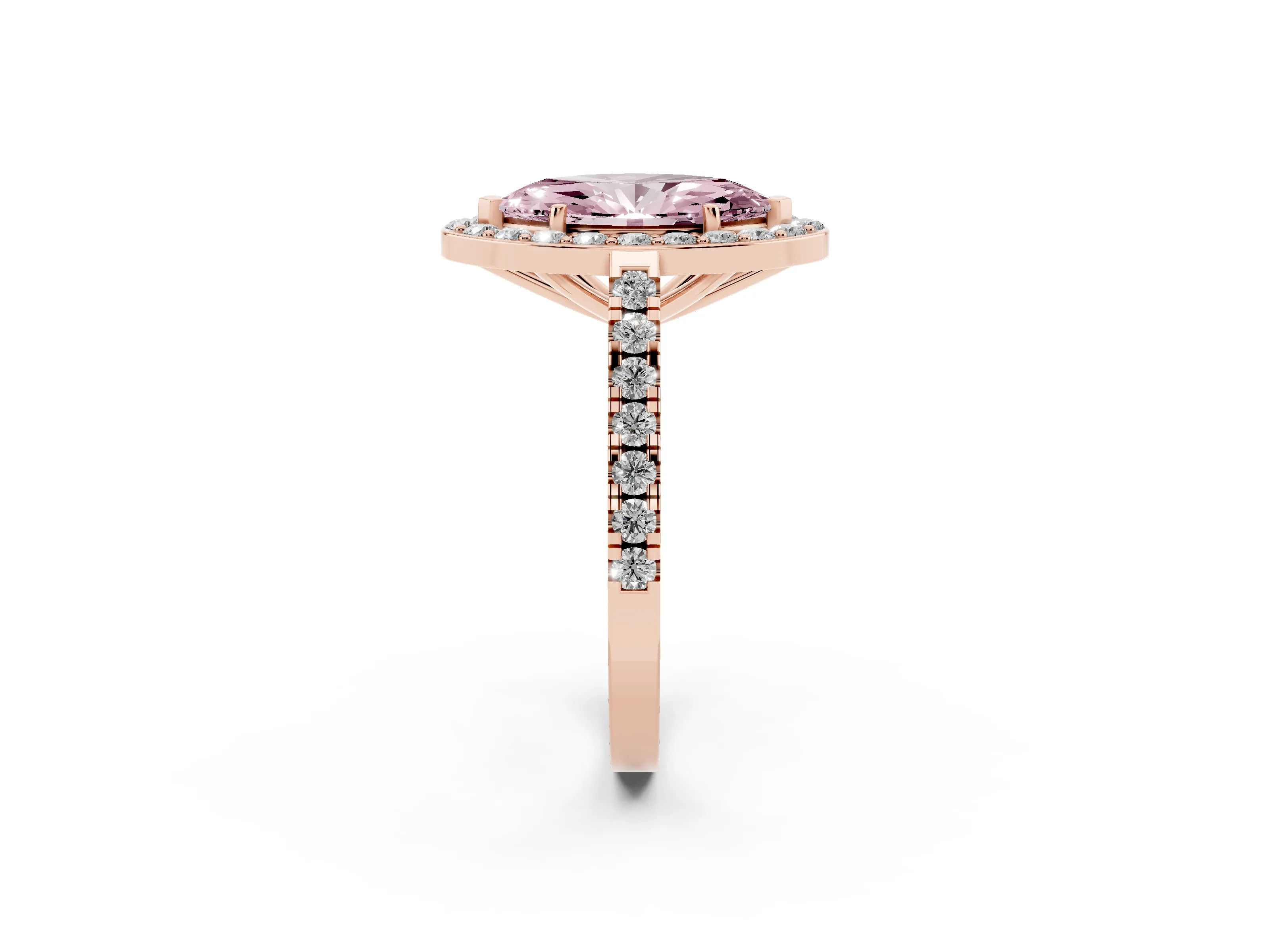 Fancy Pink Marquise Cut Diamond Halo Ring Set in Rose gold with Round Pavé Split Shank and Prong Setting
