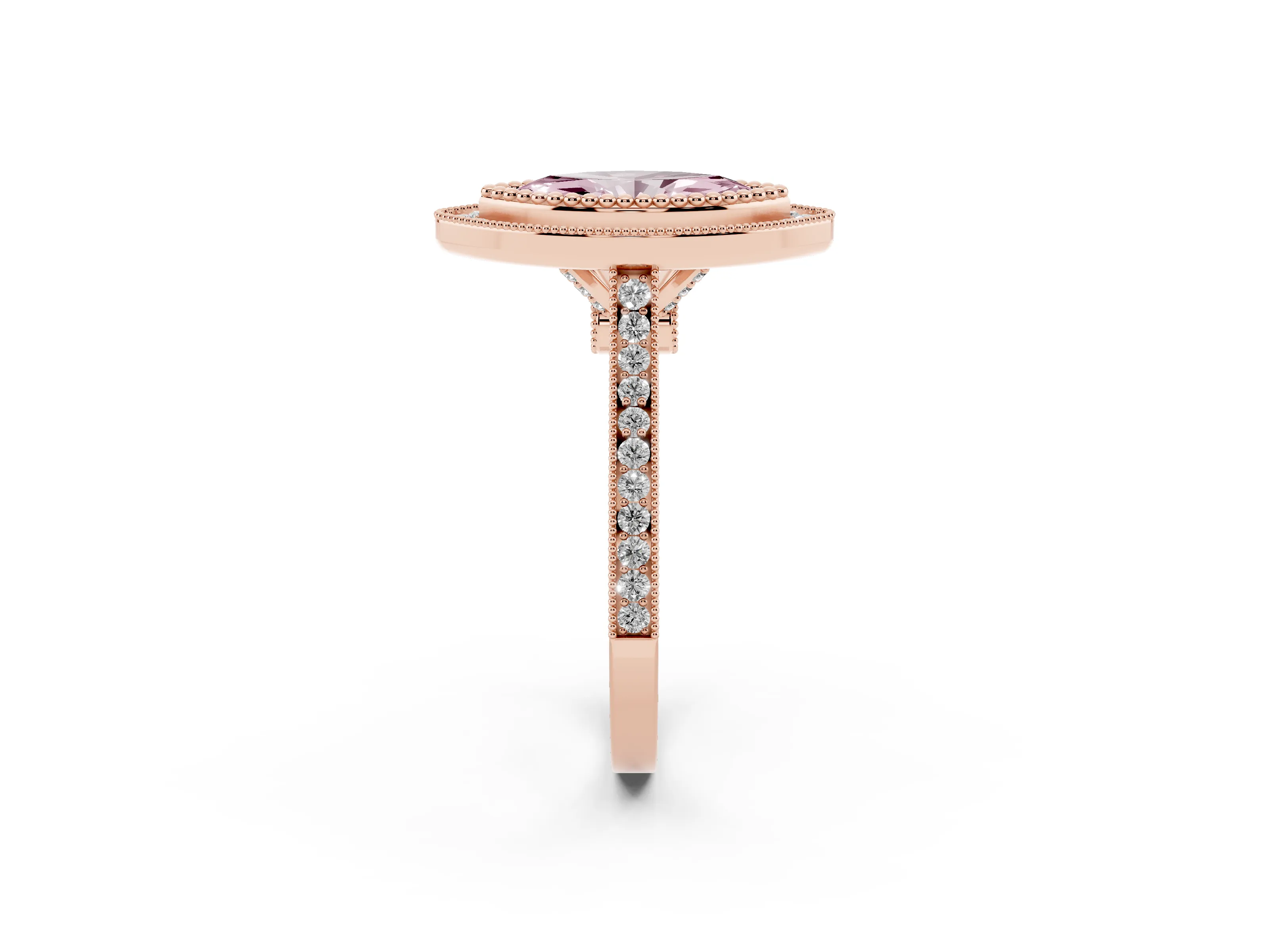 Fancy Pink Marquise Cut Diamond Halo Ring Set in Rose gold with Milgrain Frame and Pavé Band