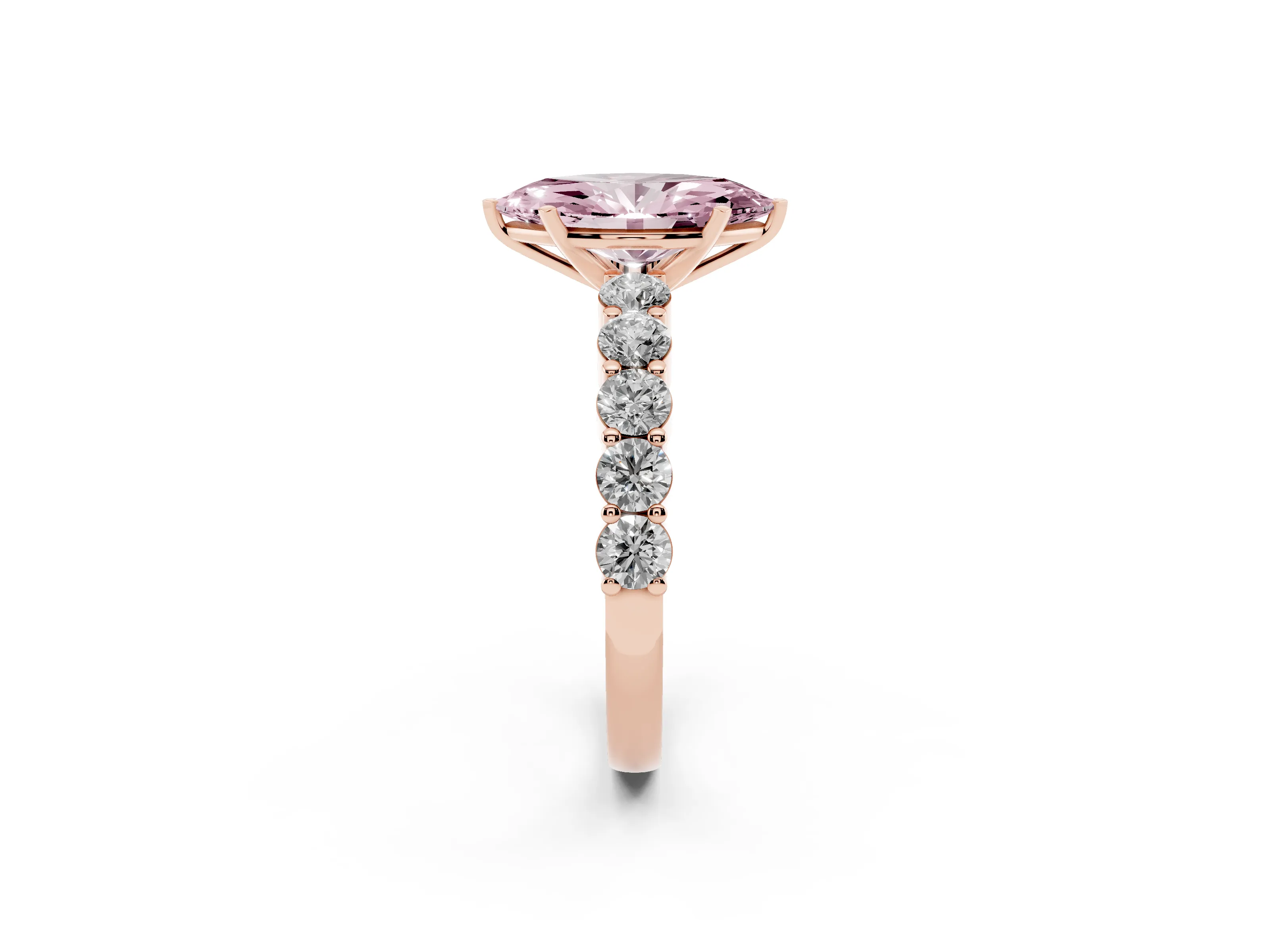 Fancy Pink Marquise Cut Diamond Solitaire Ring Set in Rose gold with Shared Prong Round Side Stones
