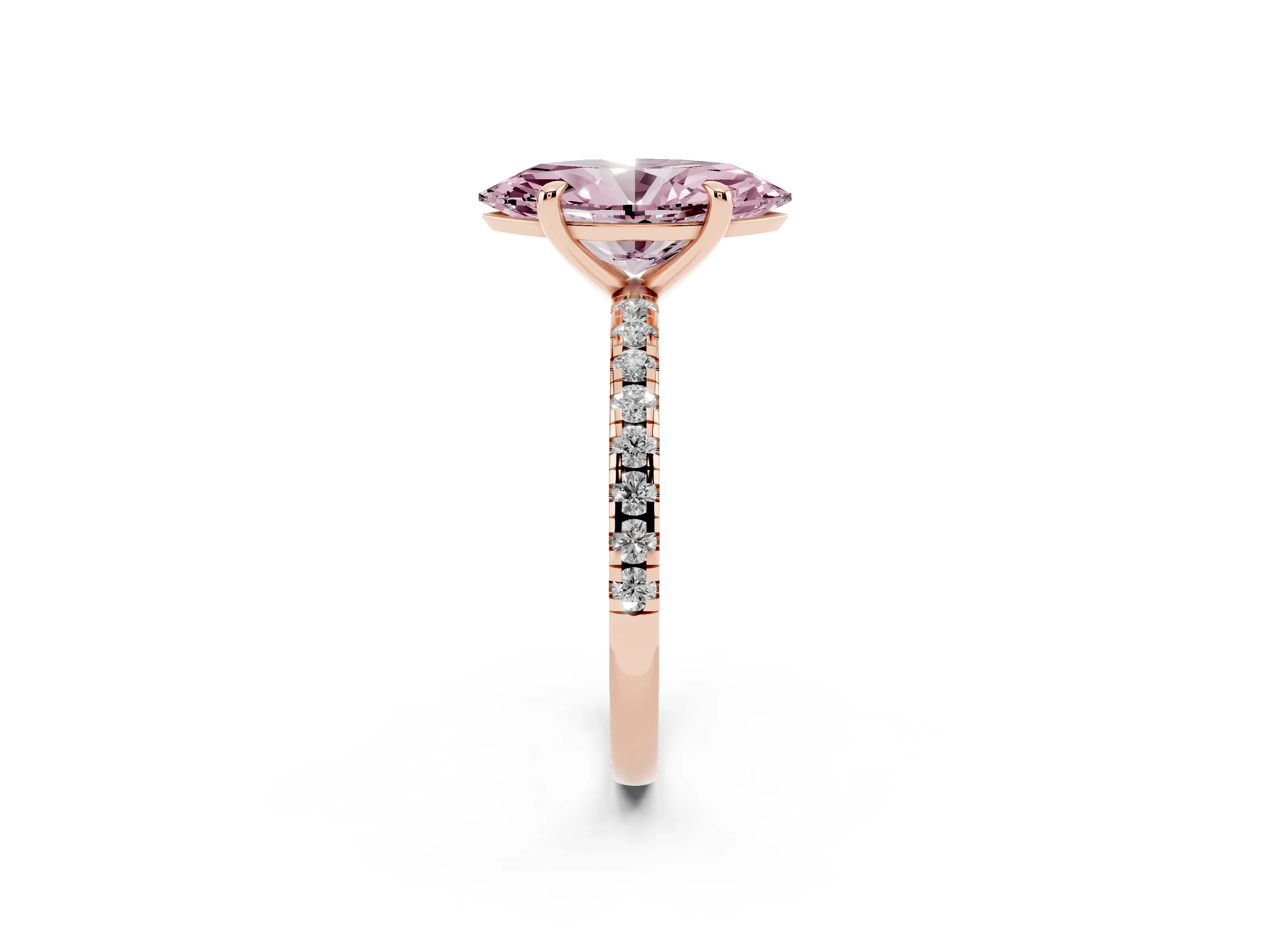 Fancy Pink Marquise Cut Diamond Brilliant Solitaire Ring Set in Rose gold with Pavé Band and Prong Setting