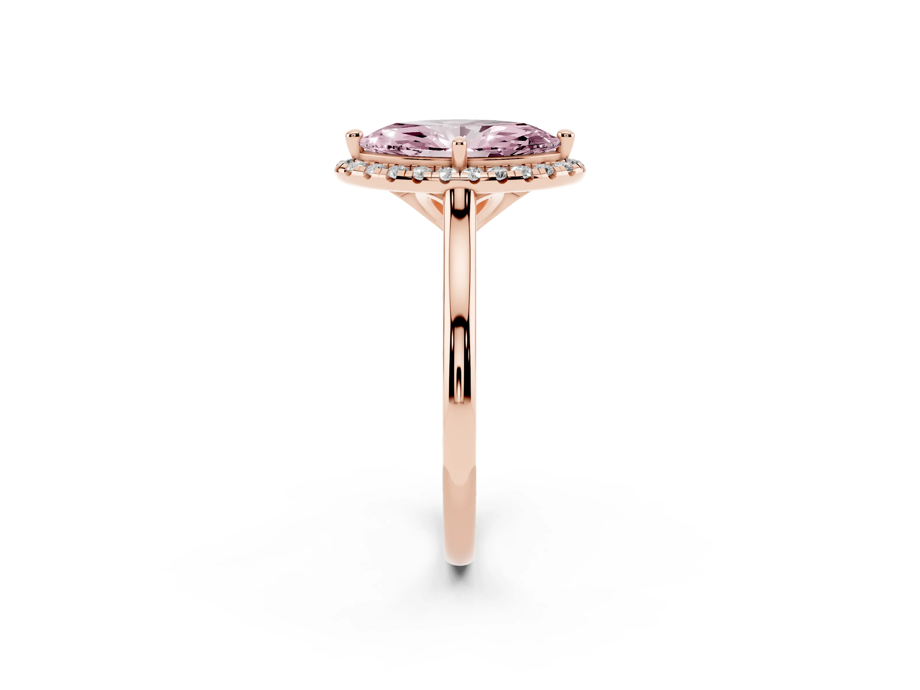 Fancy Pink Marquise Cut Diamond Halo Engagement Ring Set in Rose gold with Pavé Band and Rising Shoulders